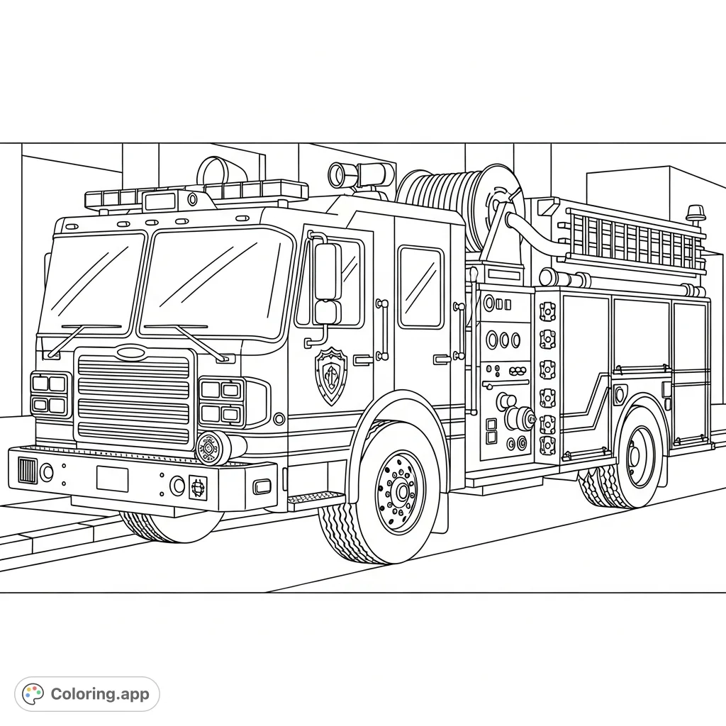 Brave Fire Truck With Equipment Coloring app