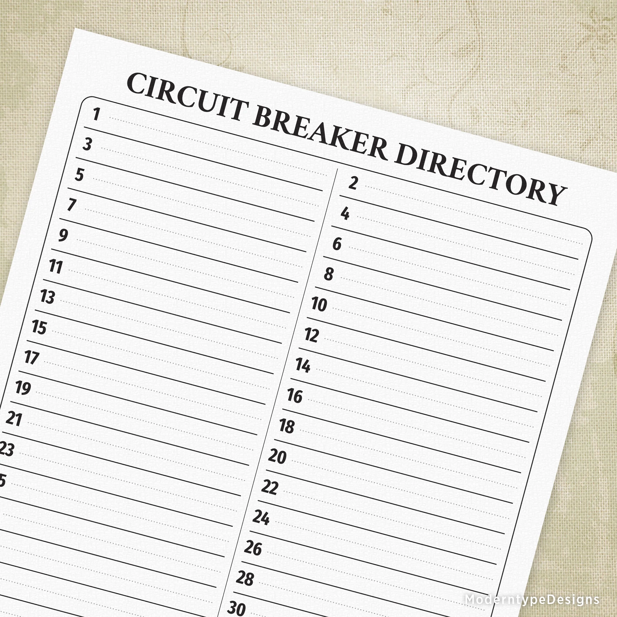 Breaker Directory Printable With 42 Circuits