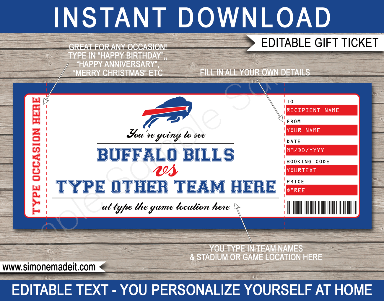 Buffalo Bills Game Ticket Gift Voucher Printable Surprise Football Tickets