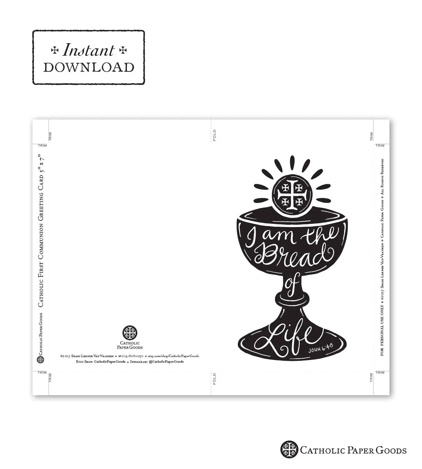 Catholic First Communion Card I Am The Bread Of Life DIY Printable PDF