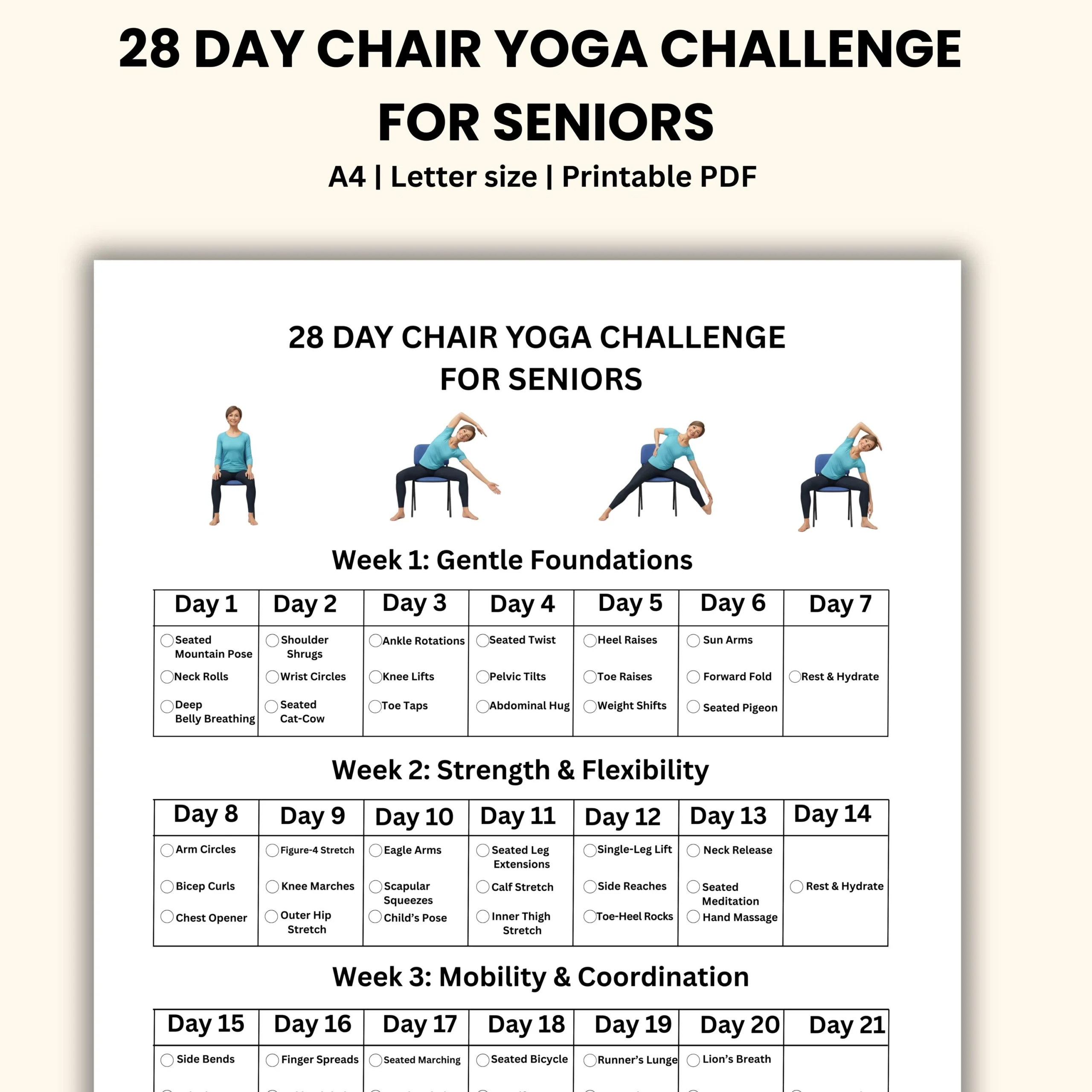 Chair Yoga Challenge 28 day Printable Guide For Seniors Etsy