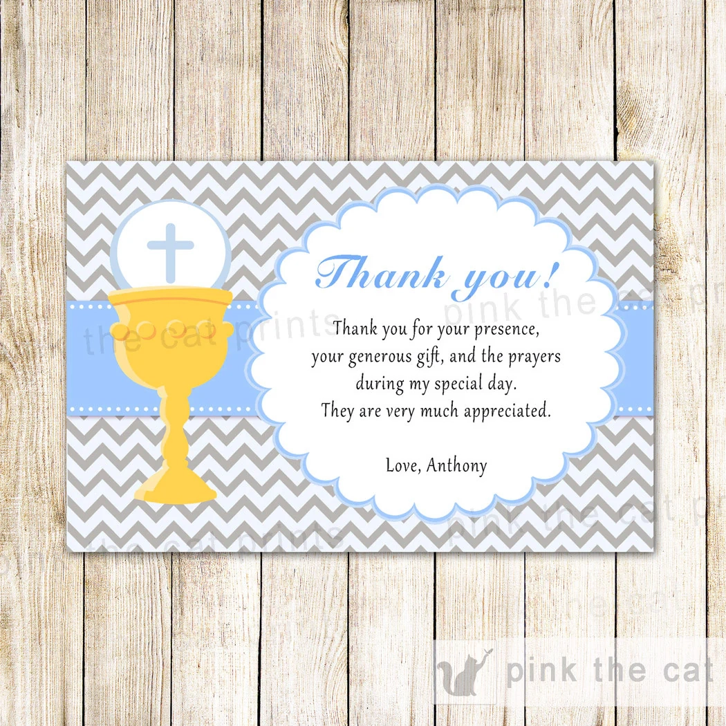 Chalice Thank You Note Boy Holy Communion Card Printable Blue Silver Pink The Cat
