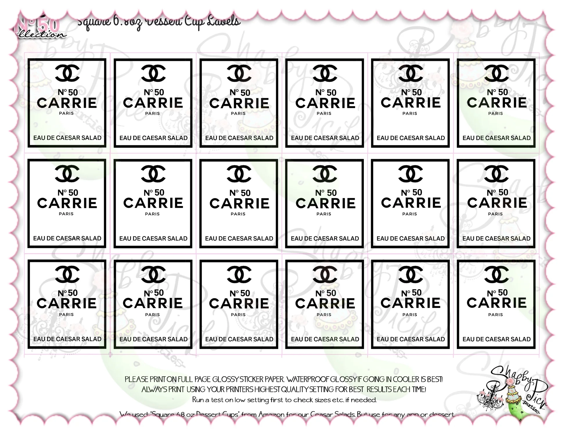 Chanel No50 6 8oz Dessert Cup Labels ANY AGE Editable In Corjl Only C Shabby Pickle Parties