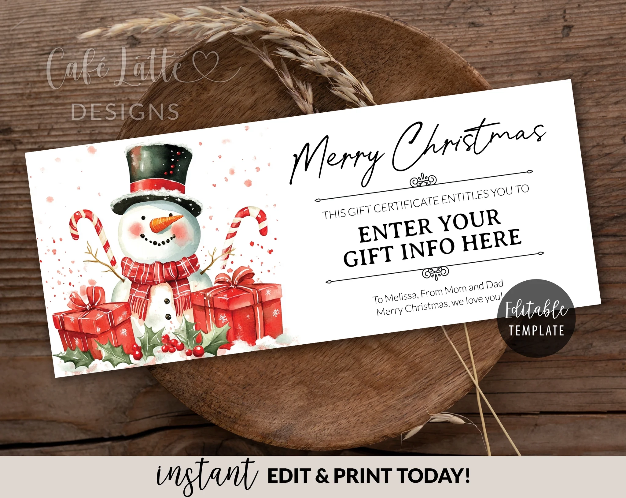 Christmas Gift Certificate Template Printable Snowman Caf Latte Designs