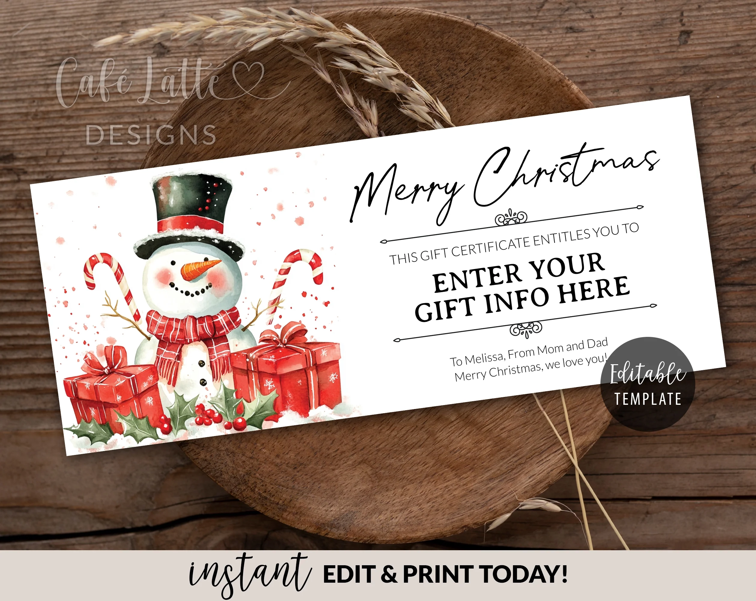 Christmas Gift Certificate Template Printable Snowman Caf Latte Designs