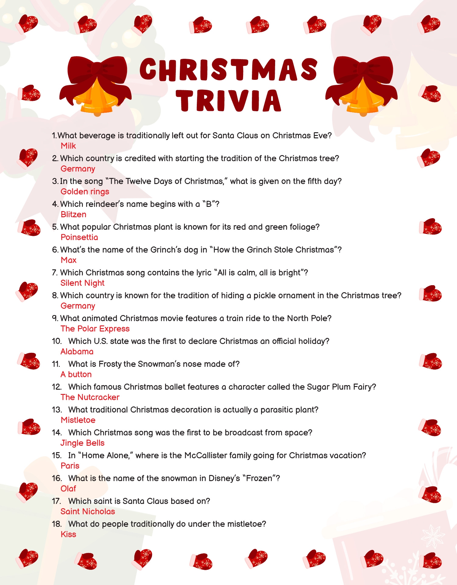 Christmas Trivia Questions And Answers Free Printable