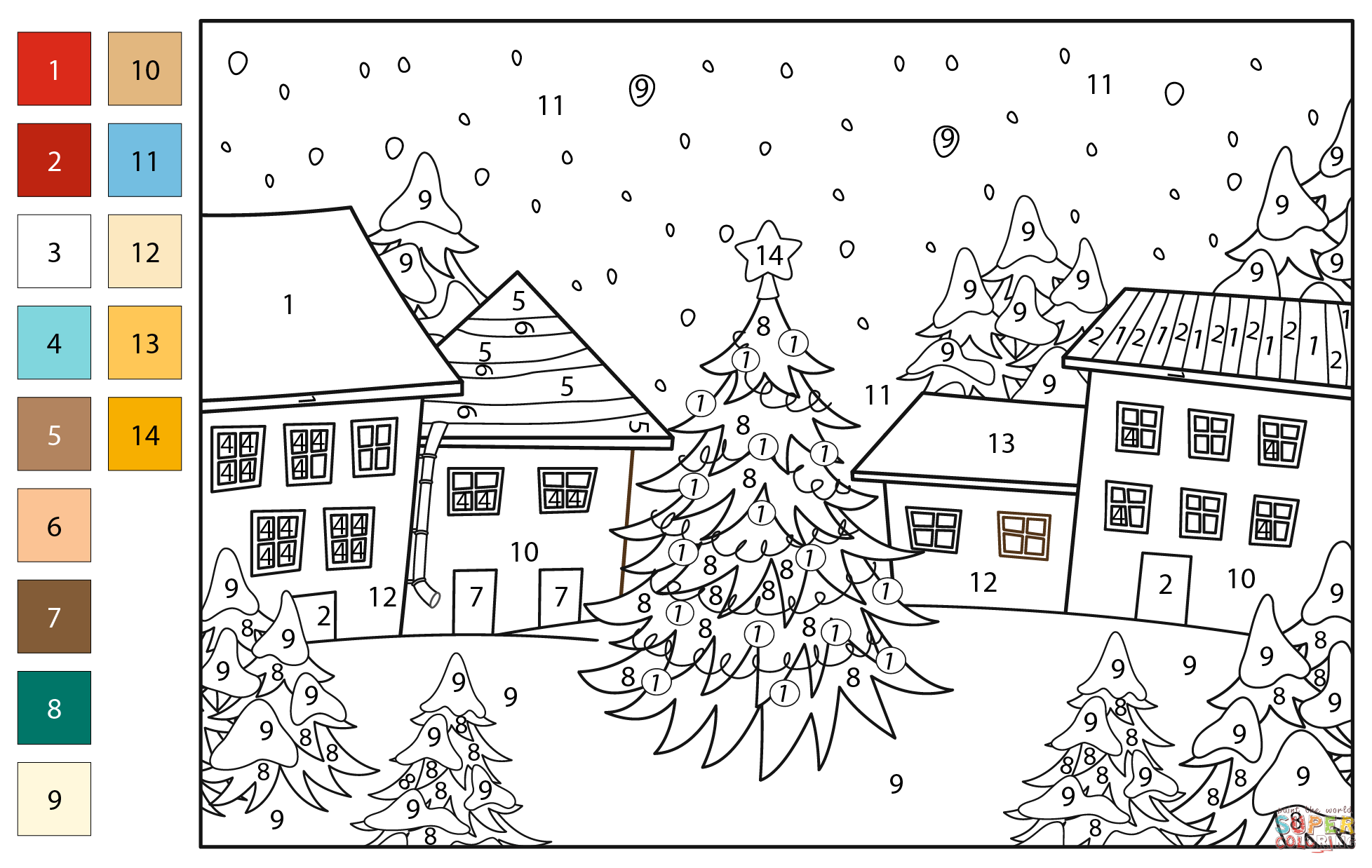 Christmas Village Color By Number Coloring Page Free Printable