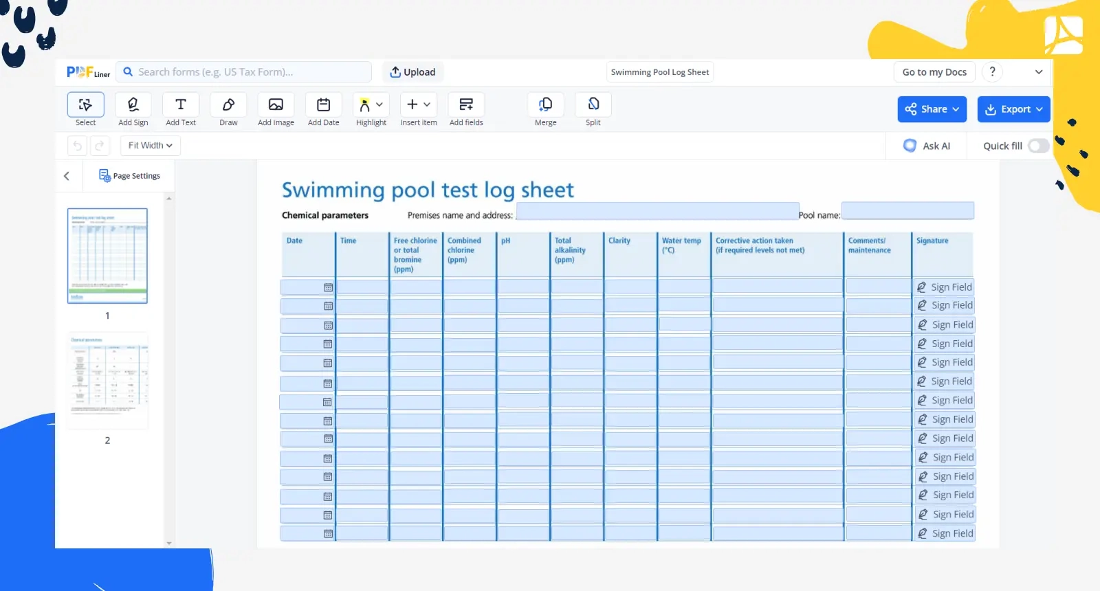 Commercial Swimming Pool Log Sheet Template PDFliner Commercial Swimming Pool Log Sheet Template PDFliner