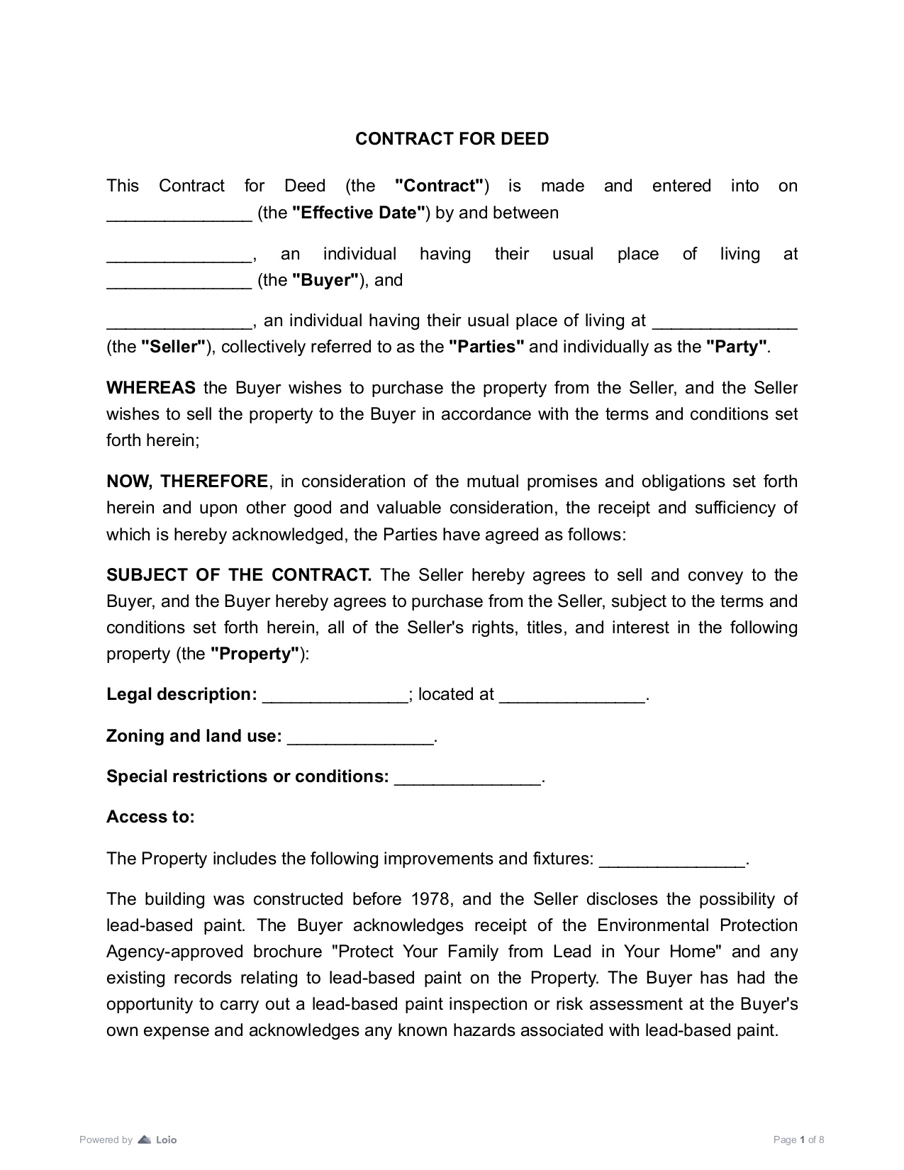Contract For Deed Template Create Download PDF