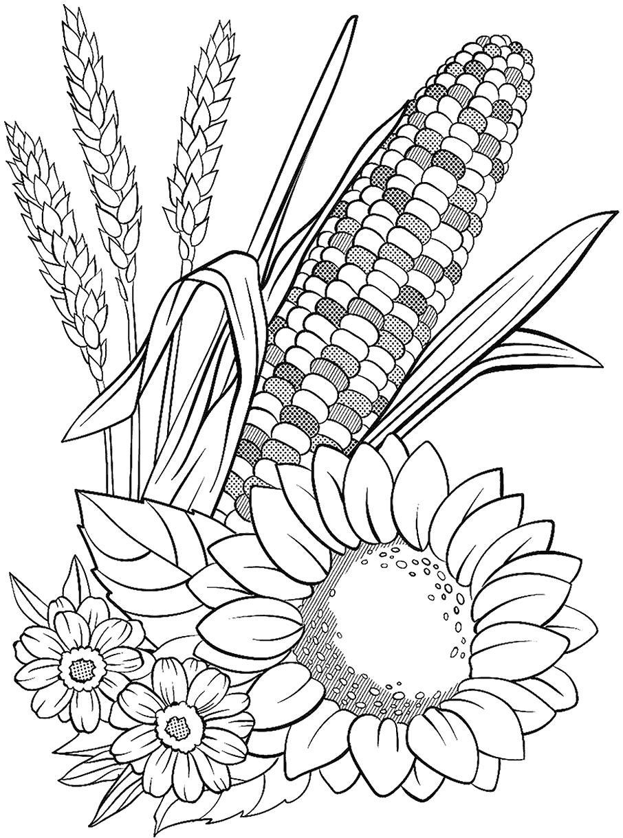 Corn And Flowers Free Printable Coloring Page For Kids