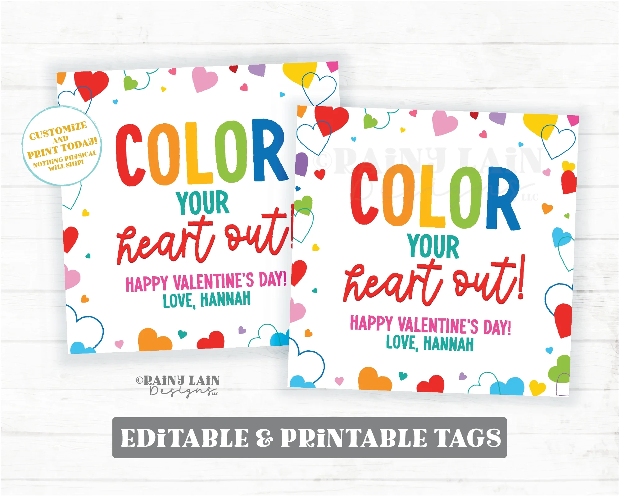 Crayons Valentine Color Your Heart Out Gift Tag Coloring Book Marke Rainy Lain Designs LLC