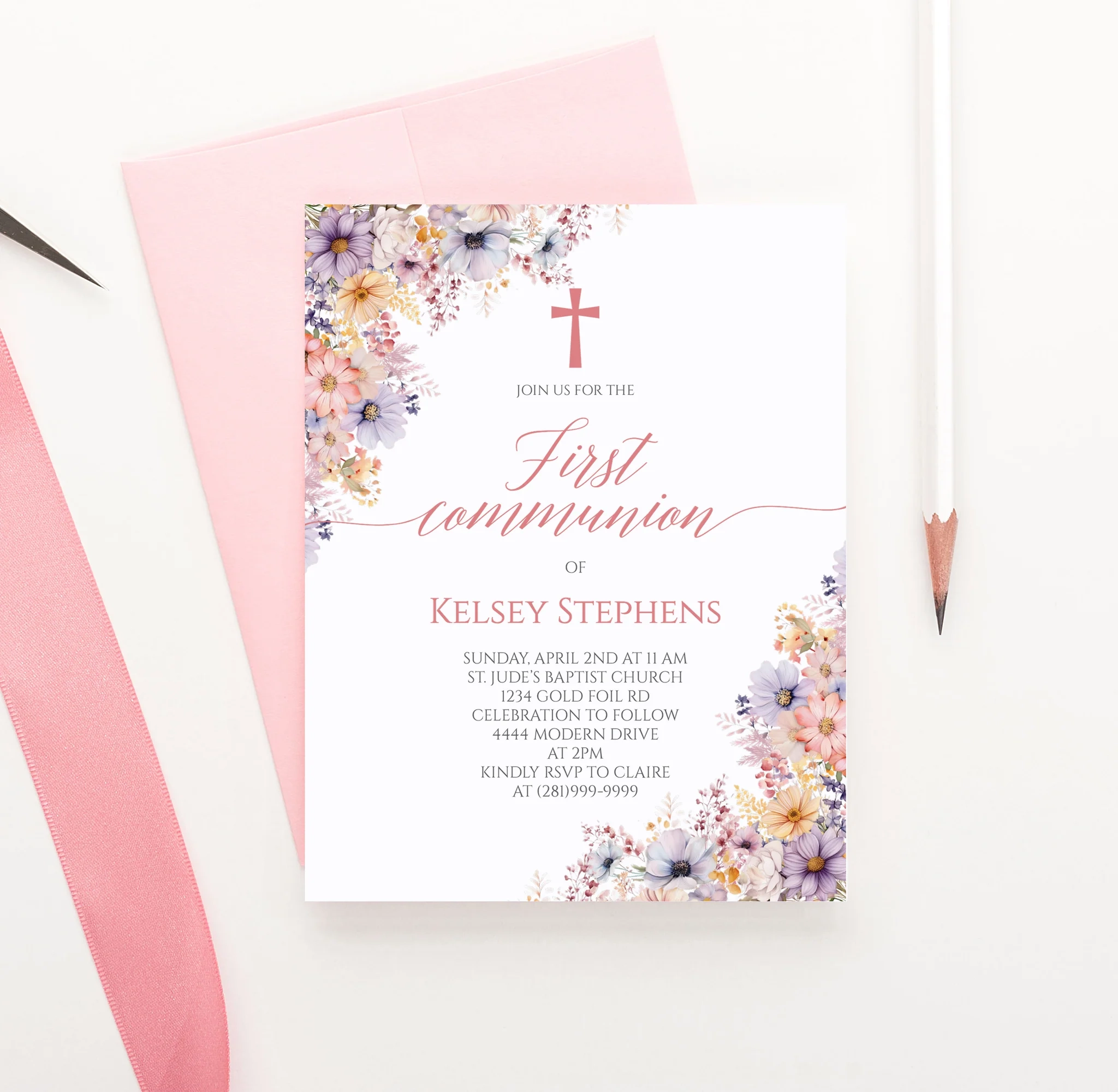 Cute Floral 1st Communion Cards Printable Modern Pink Paper