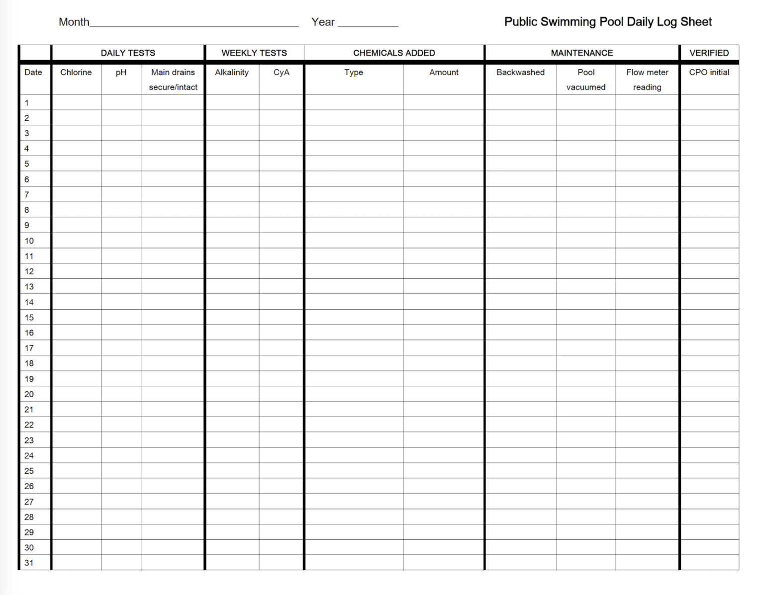 Free Printable Pool Log Sheet - Printable We Love Printables