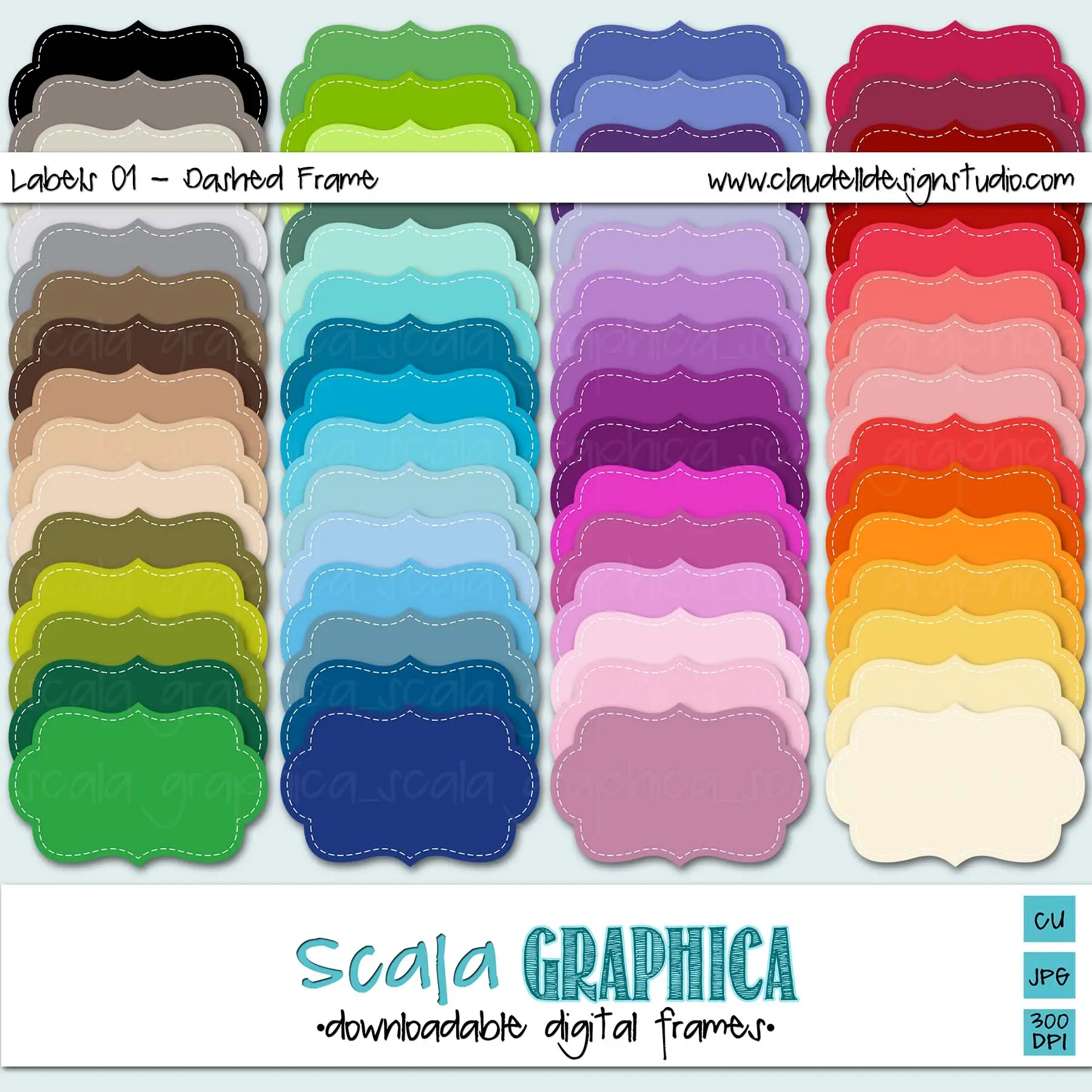 Dashed Frame 01 Digital Labels Pack 100 Printable Rainbow Colors Clipart CU Digital Download CLAUDELL DESIGN STUDIO