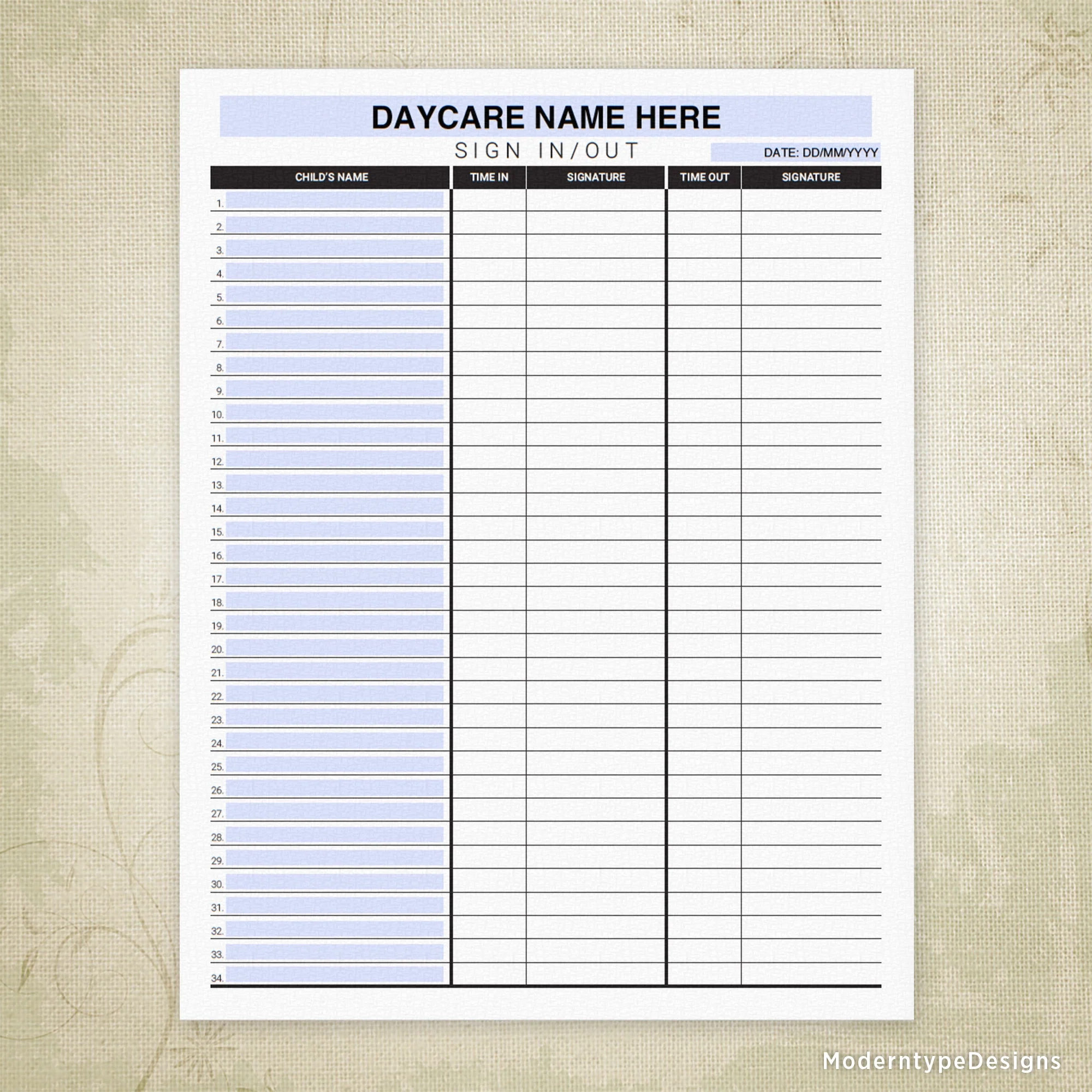 Daycare Sign In And Out Printable Form Editable