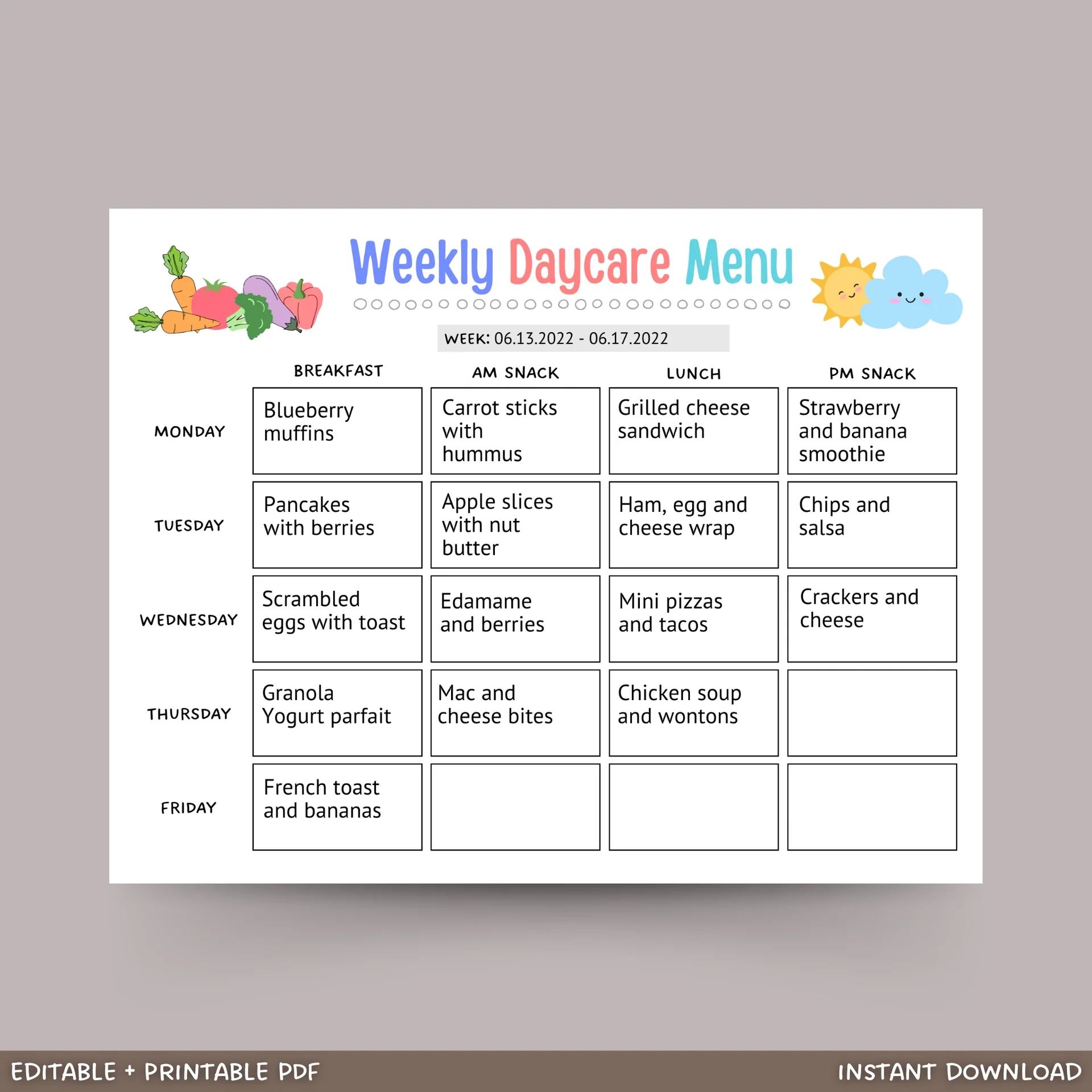 Daycare Weekly Menu Printable Editable Meal Planner Scribbled LLC
