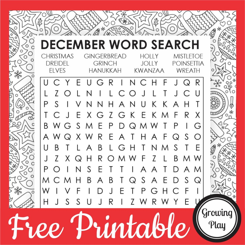 December Word Search Free Printable Growing Play