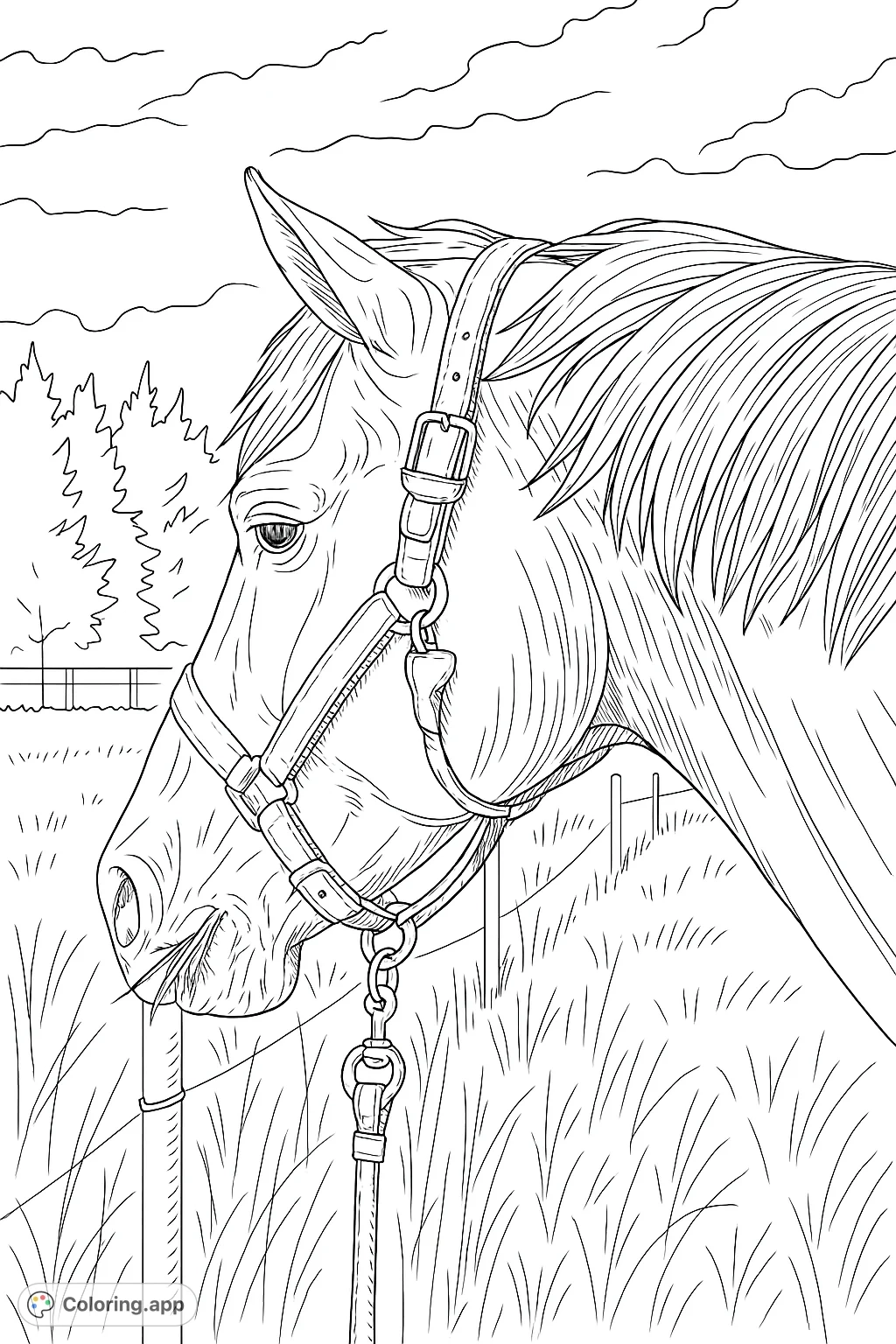 Detailed Horse Grazing Scene Coloring app