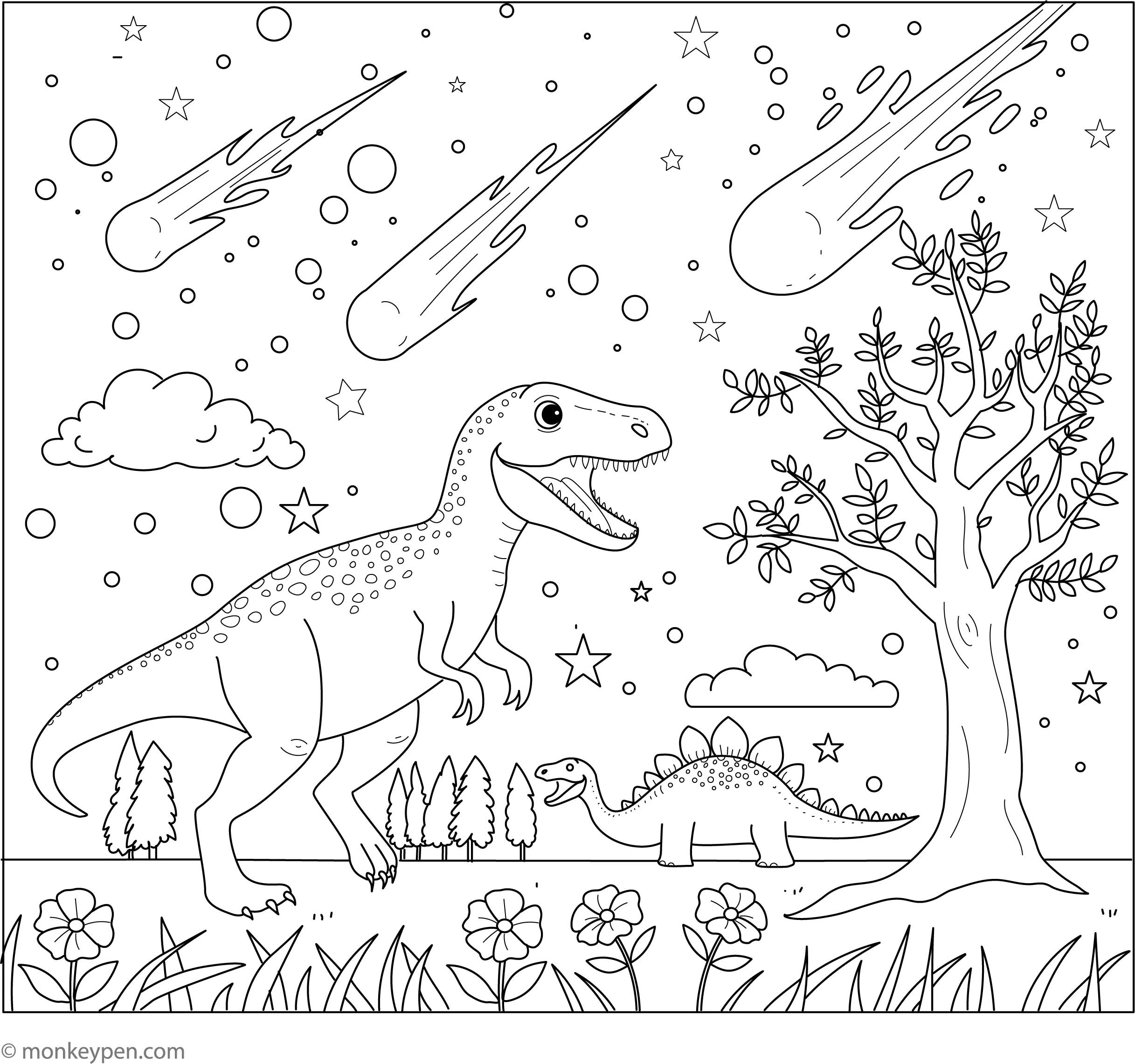 Dinosaurs And Meteor Showers Coloring Page Fun Printable