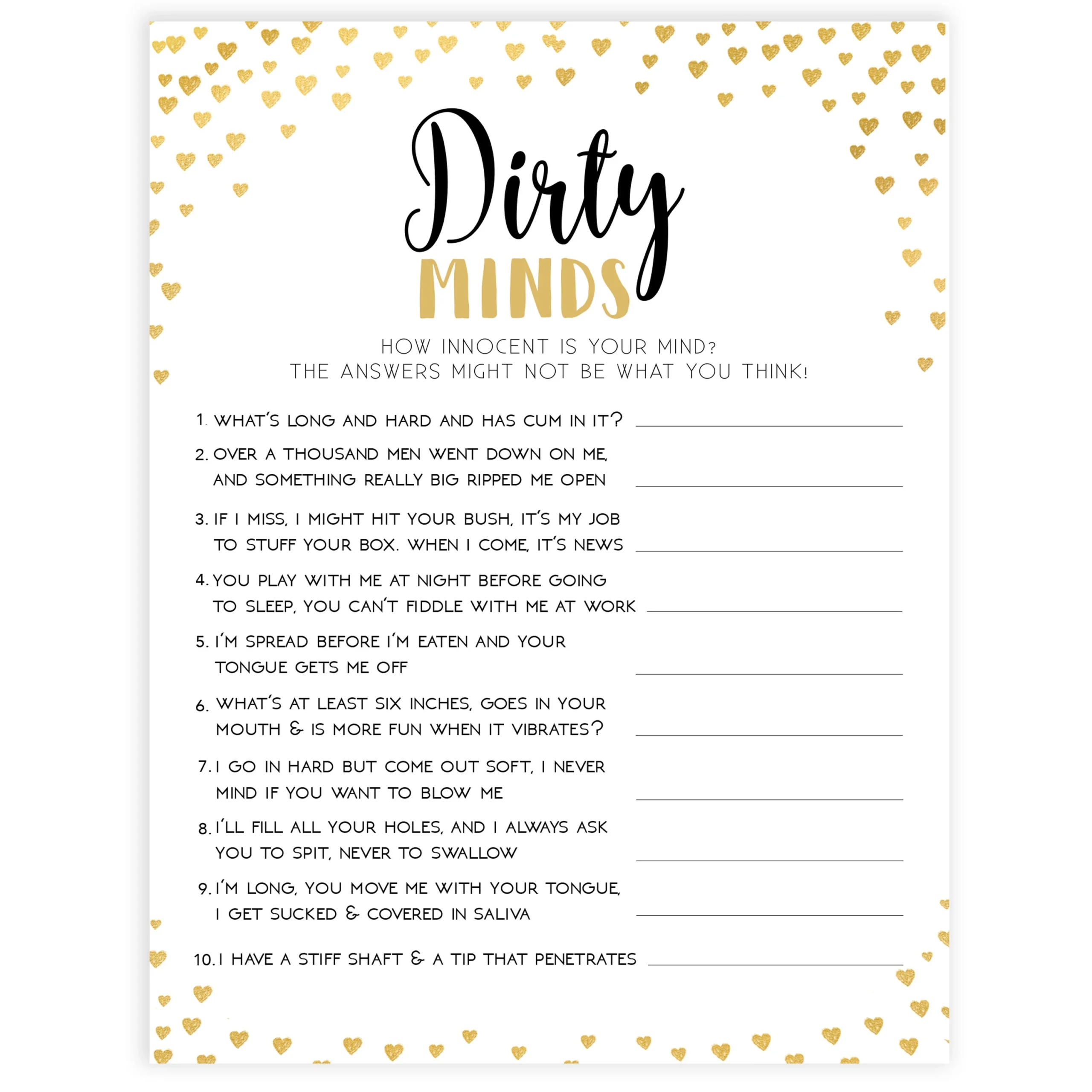 Dirty Minds Bachelorette Game Shop Gold Hearts Bachelorette Games OhHappyPrintables