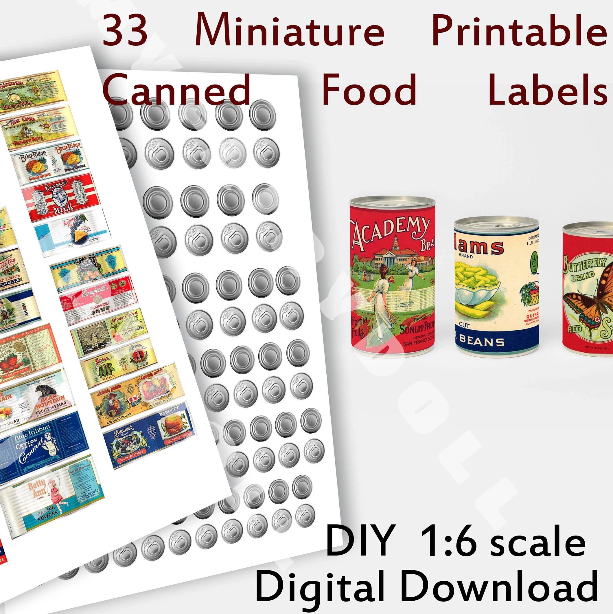 DIY 33 Canned Food Labels Printable Dollhouse Miniatures Blythe 1 6 1 12 Scale Grocery Store Pantry Staples Cans Etsy