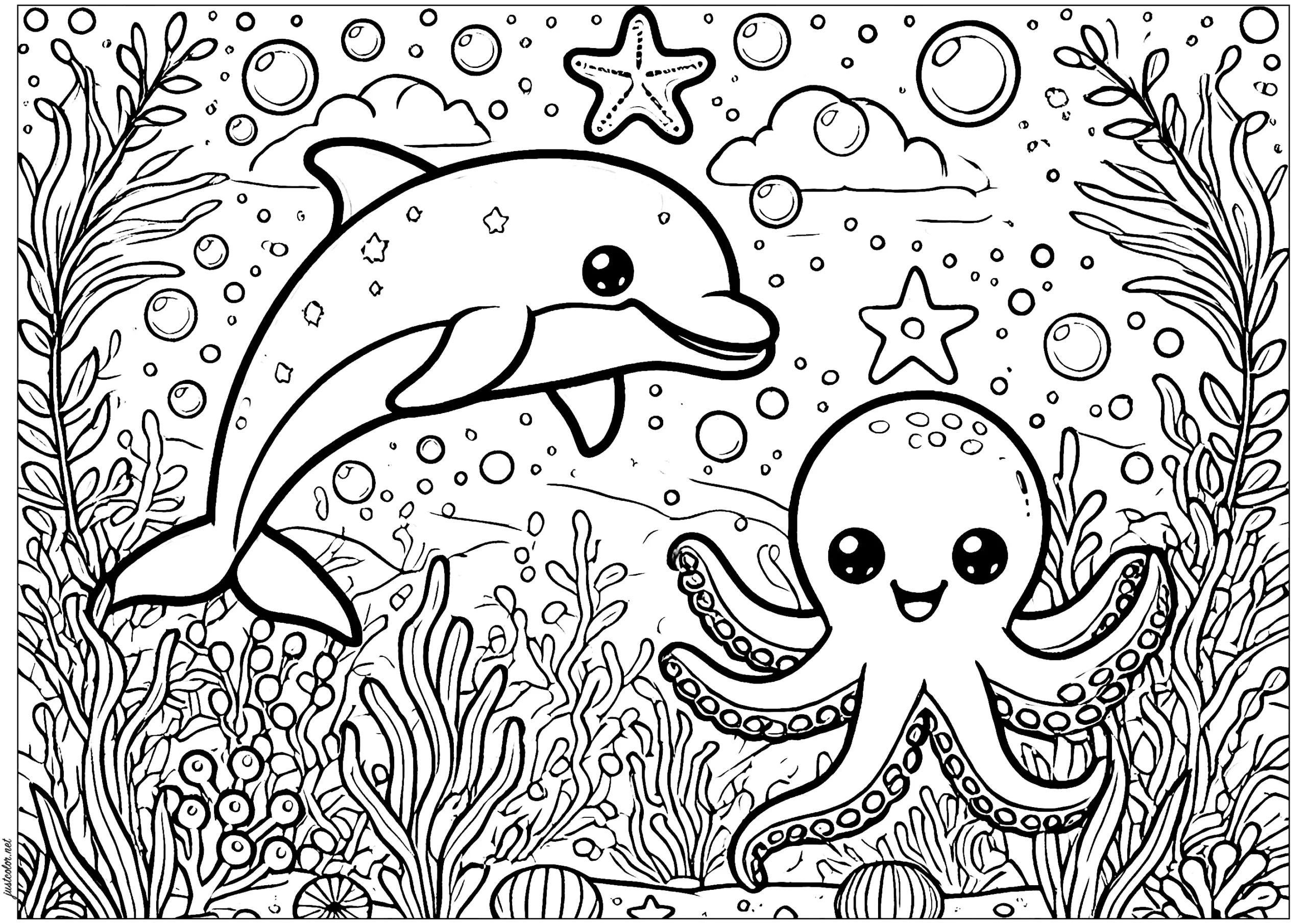 Dolphin And His Octopus Friend Dolphin Coloring Pages