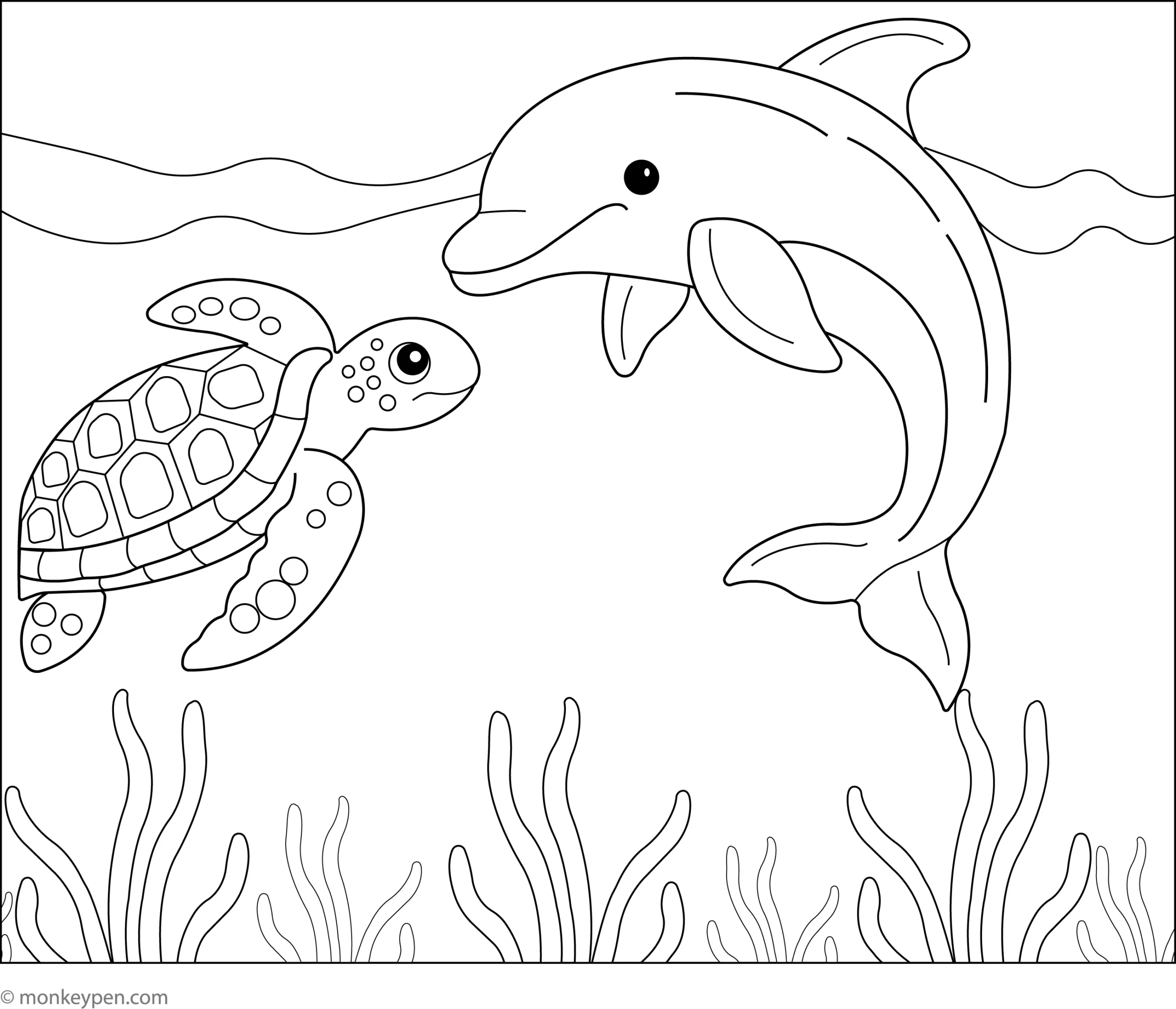 Dolphin And Sea Turtle Friends Free Coloring Page For Kids
