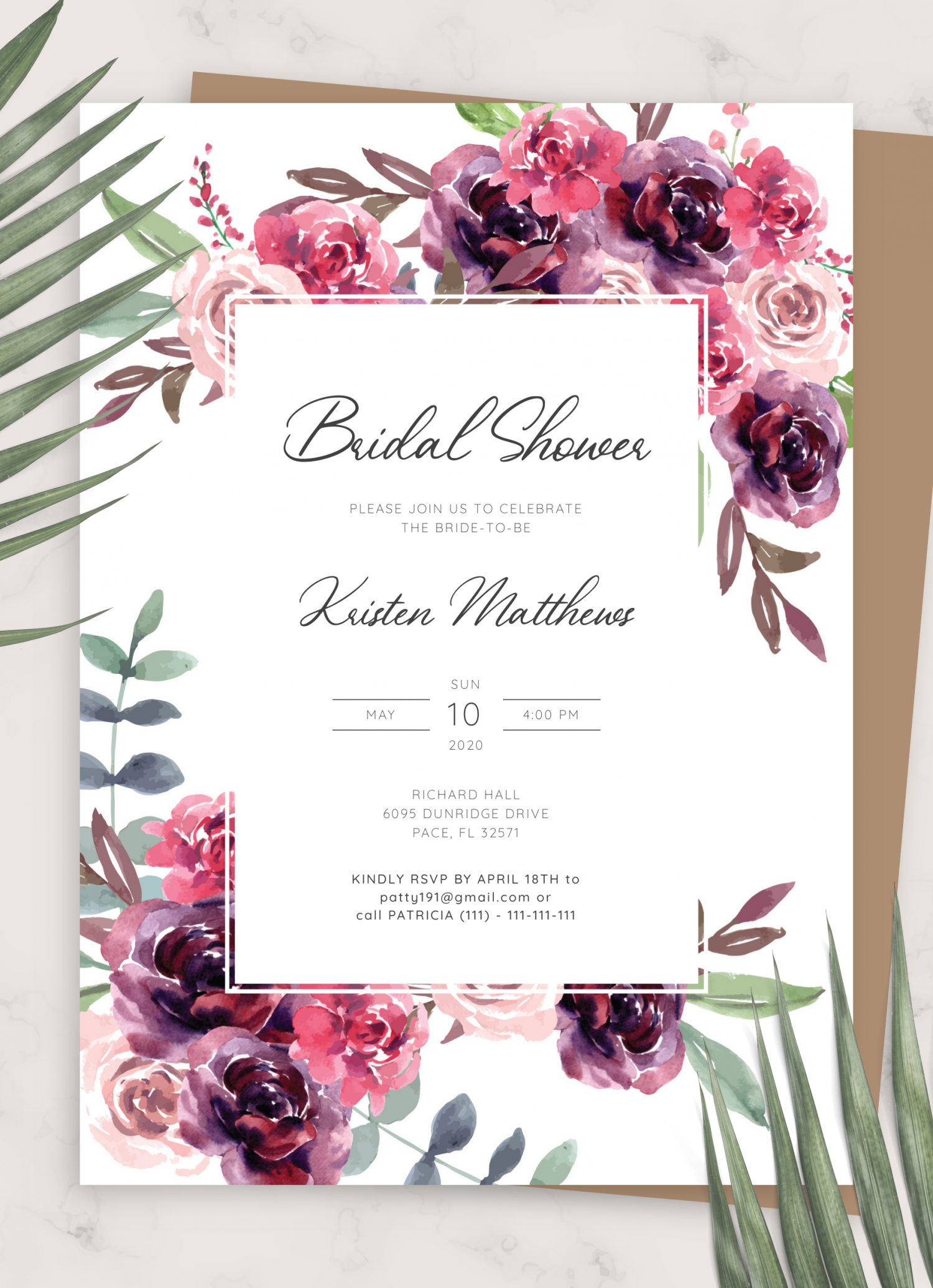 Download Printable Burgundy Floral Bridal Shower Invitation PDF
