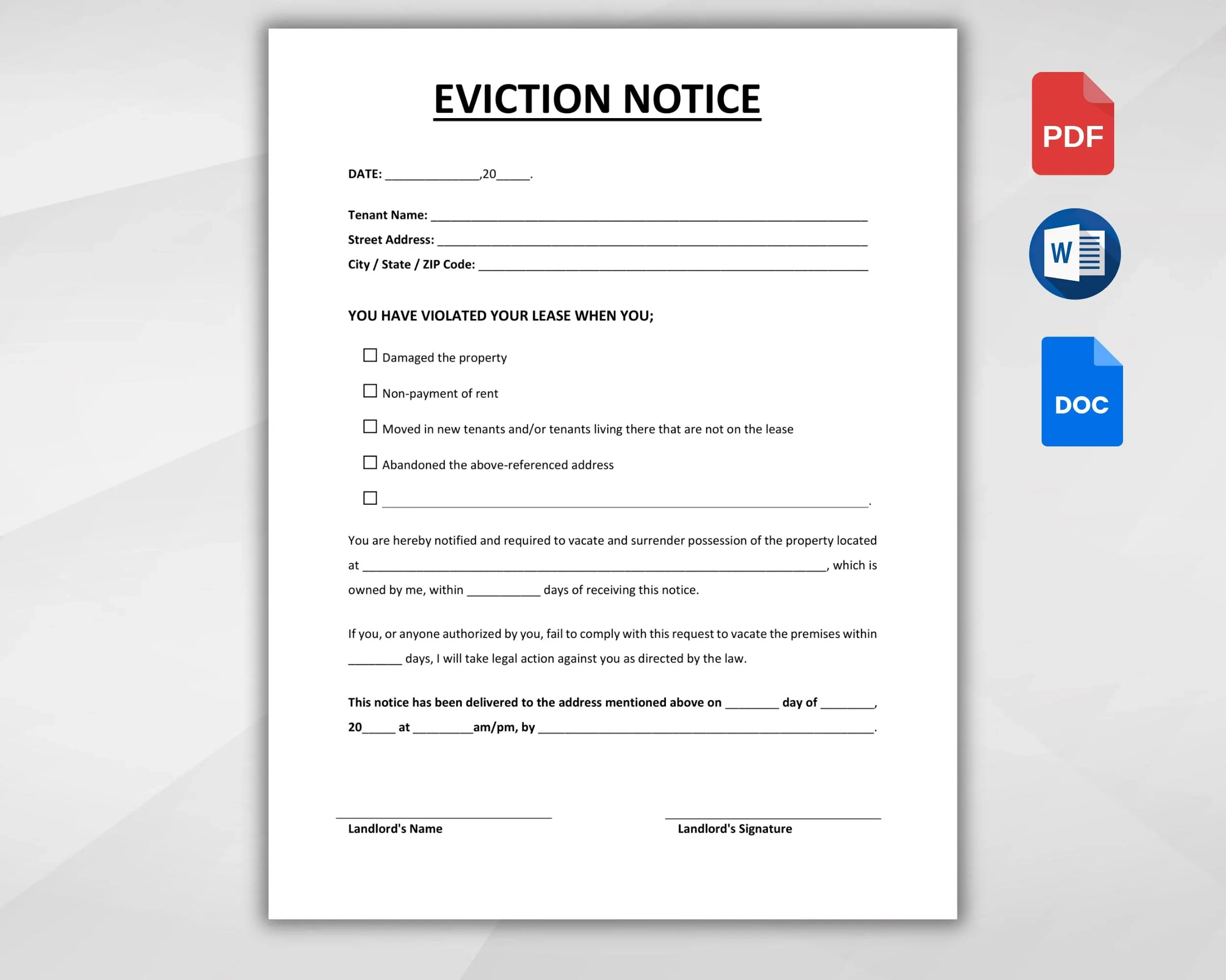 Editable Eviction Notice Notice To Vacate Template Lease Termination Form Landlord Rental Contract Landlord Notice To Vacate To Tenant Etsy