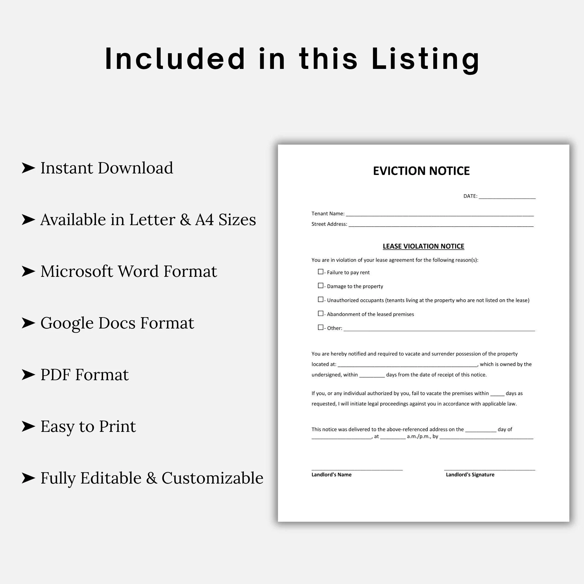 Editable Eviction Notice Template Landlord Notice To Vacate word PDF Google Docs Instant Download Etsy
