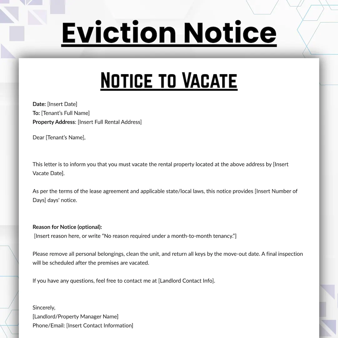 Editable Eviction Notice Template Single Page Notice To Vacate Template Printable Lease Termination Form Landlord Notice To Vacate Etsy