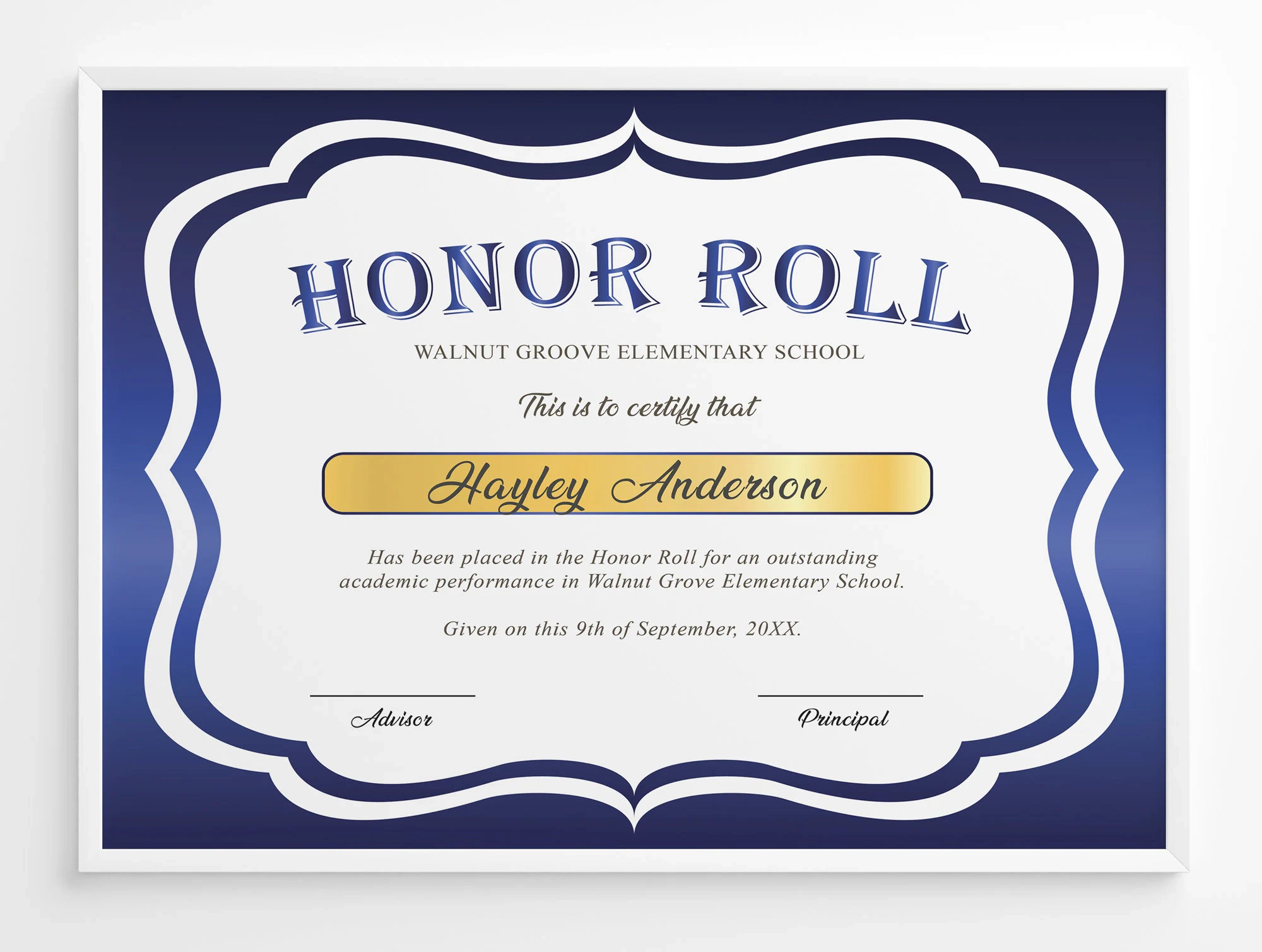 Editable Honor Roll Certificate Template Royal Blue School Award Printable Award Elementary High School Award Certificate Download Etsy