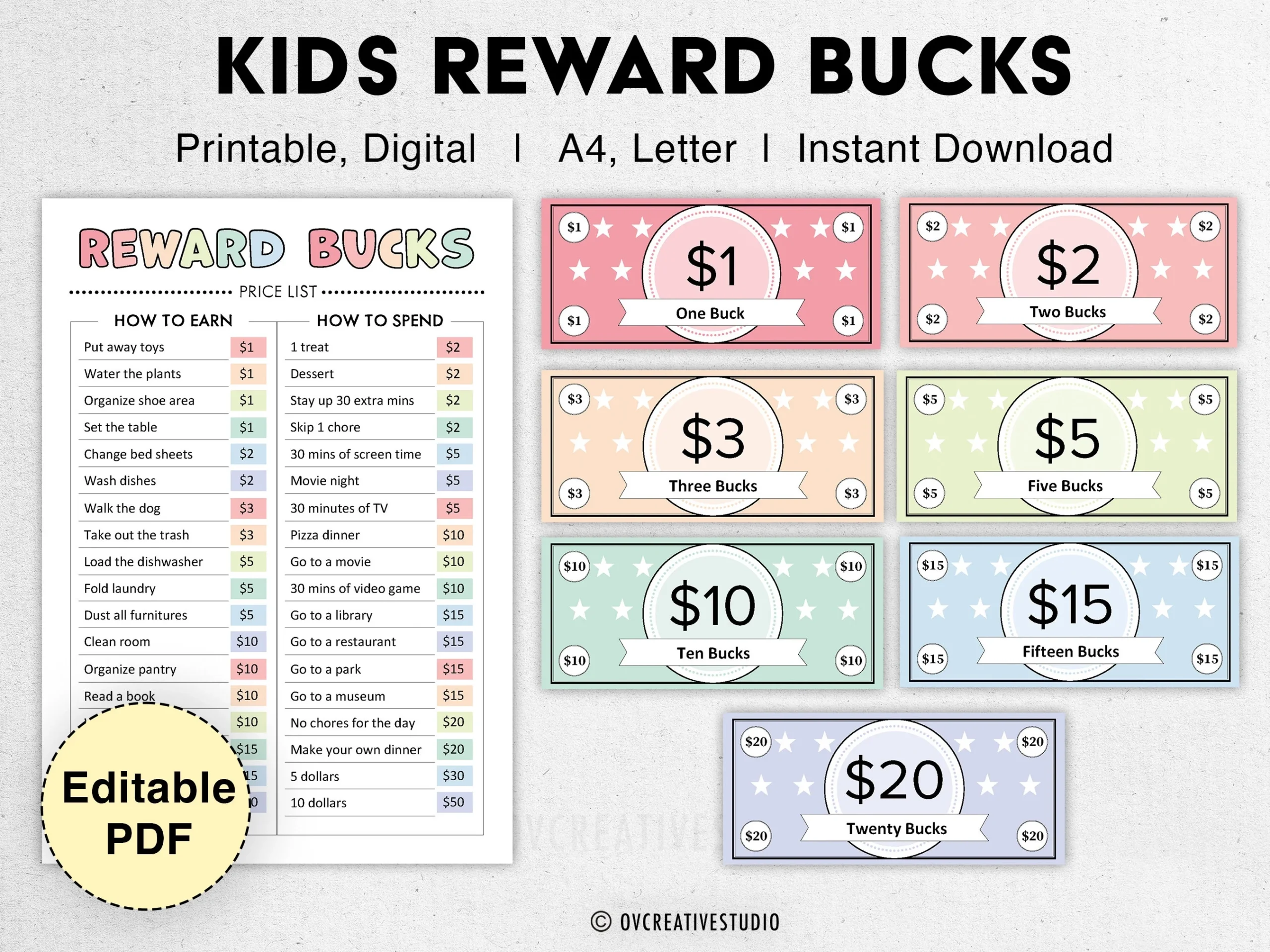 Editable Kids Reward Bucks Printable Mom Bucks PDF Reward System For Kids Chore Bucks Good Behavior Bucks Play Money Pretend Money Etsy