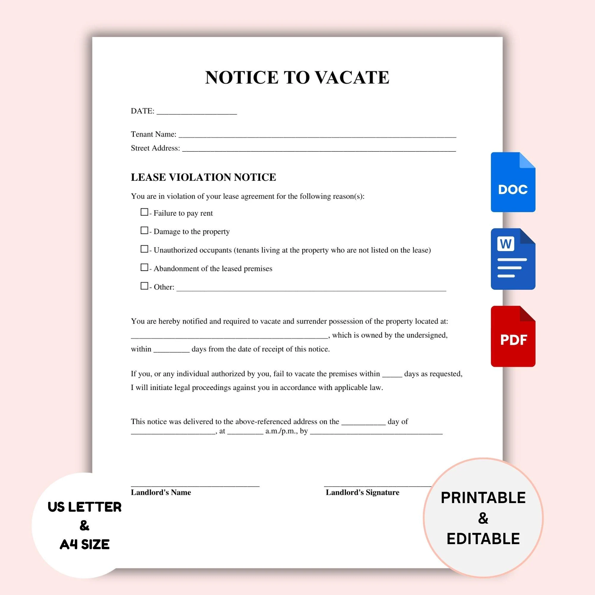 Editable Notice To Vacate Template Landlord Eviction Letter word Google Docs PDF Etsy Editable Notice To Vacate Template Landlord Eviction Letter word Google Docs PDF Etsy
