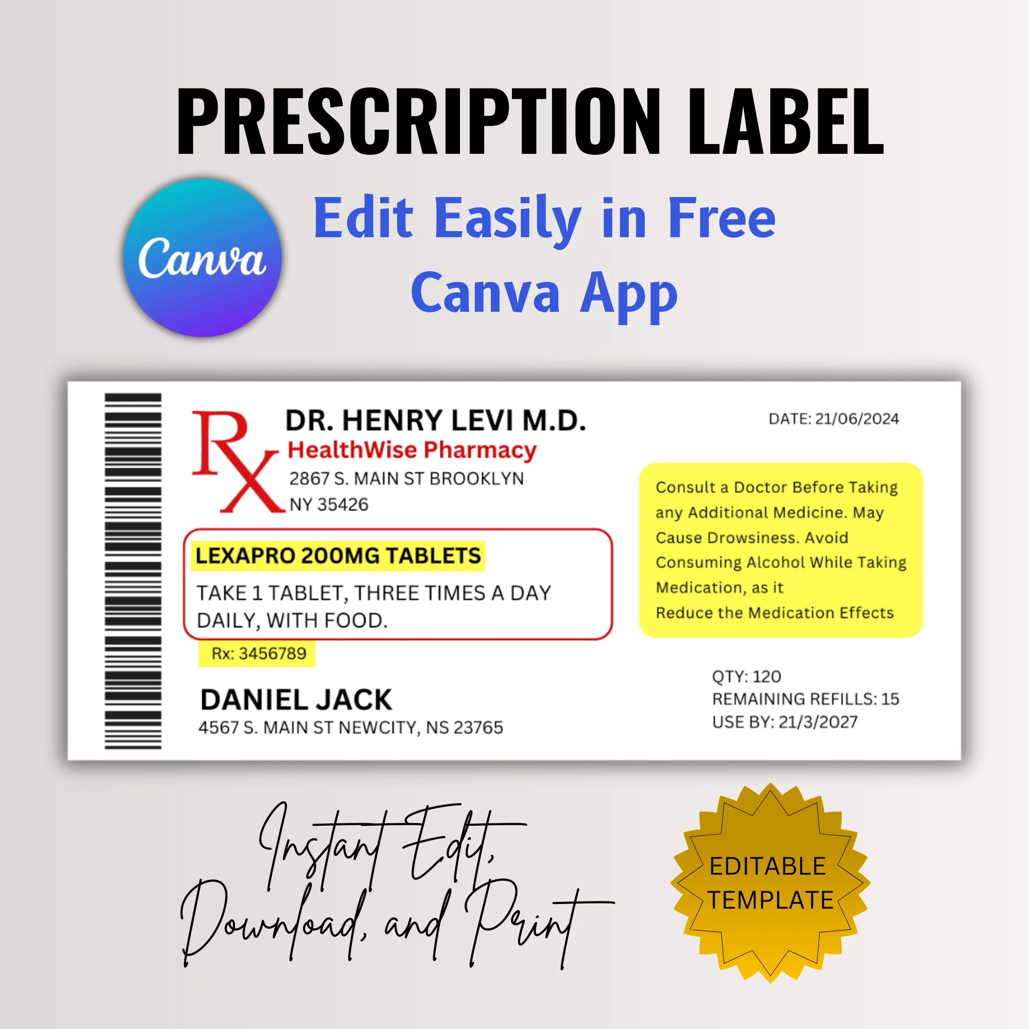 Editable Prescription Label Template Pill Bottle Label RX Label Custom Prescription Label Supplement Labels Canva Editable Etsy