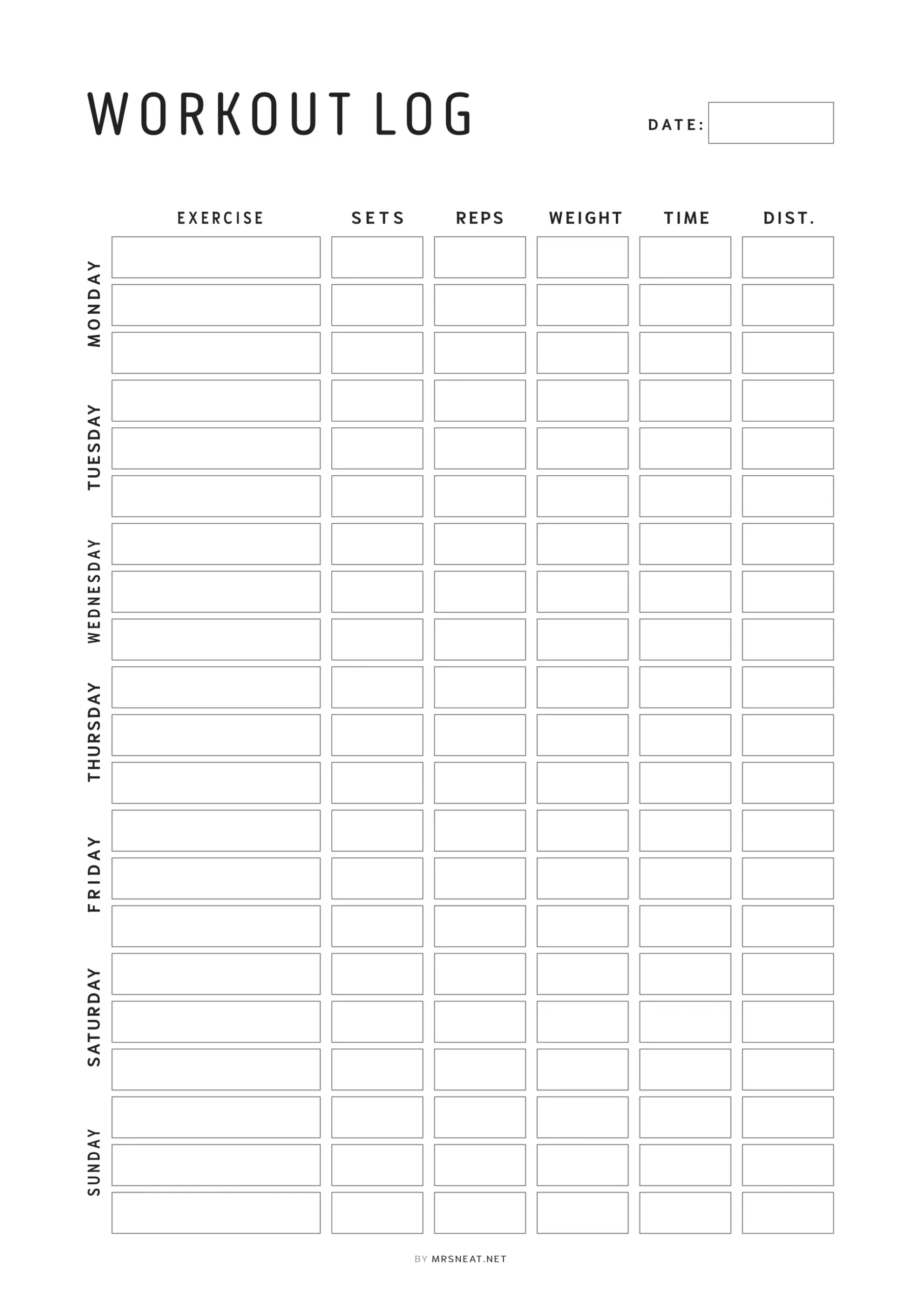Editable Weekly Workout Log Printable M487 Mrsneat