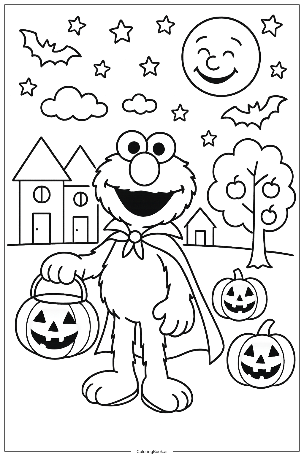 Elmo Trick Or Treating At Night Coloring Page Free PDF PNG Printable 
