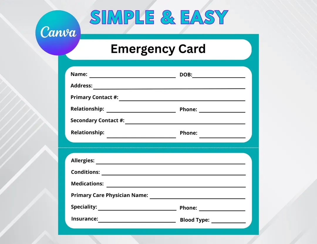 Emergency Contact Card Printable ICE Wallet Card Editable Medical Info Card For Kids Adults Canva Fillable PDF Template Etsy