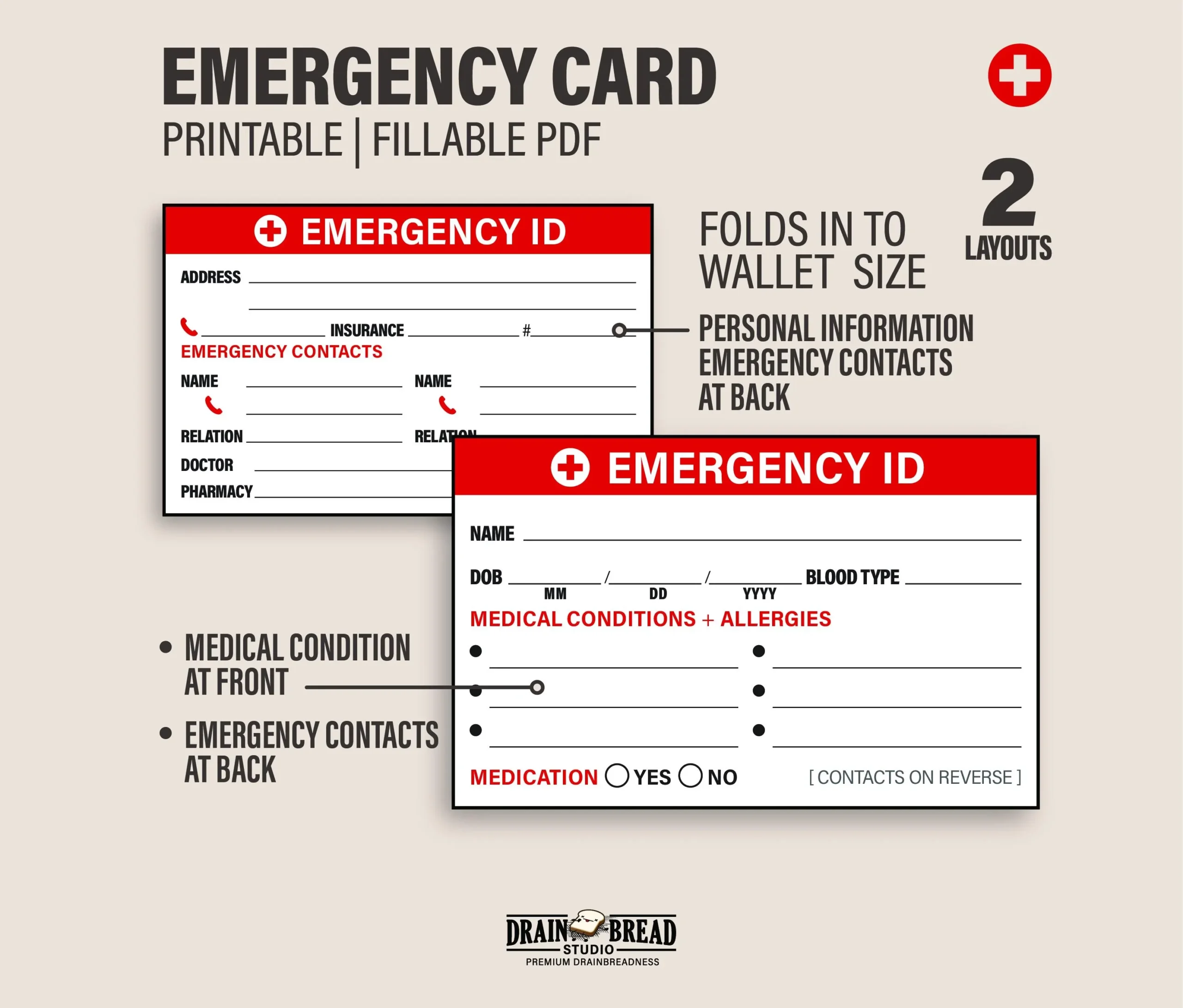 Emergency ID Wallet Card Customisable Medical Info Personal Details Emergency Contacts Printable Instant Download Etsy