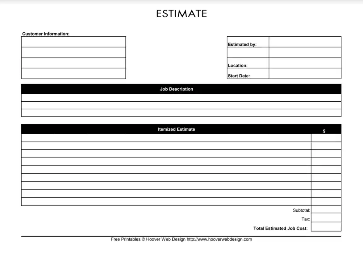 Estimate Template Fill Out Printable PDF Forms Online