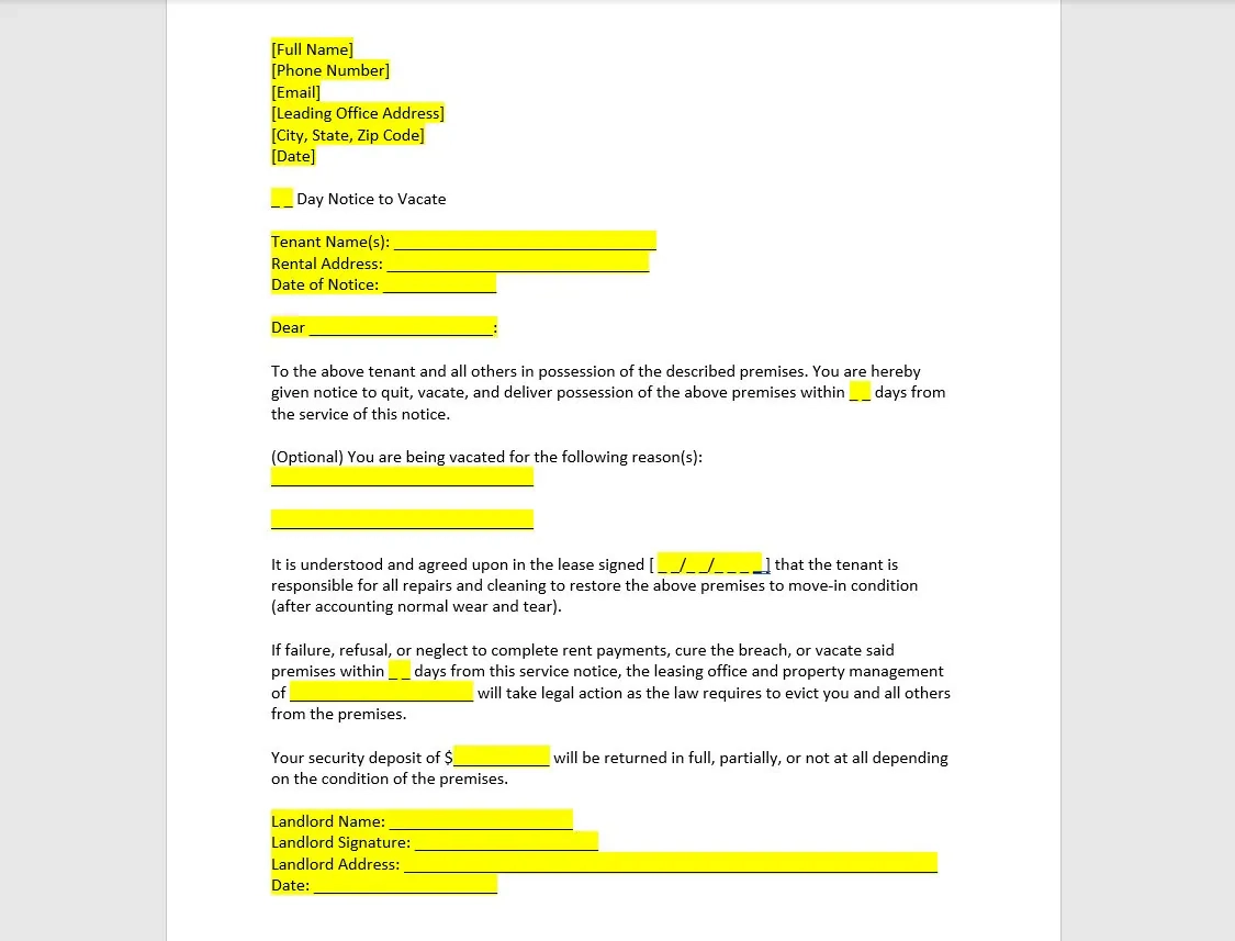 Eviction Notice Letter Template Eviction Notice Letter Eviction Notice Template Eviction Notice Simple Letter Word Template Etsy