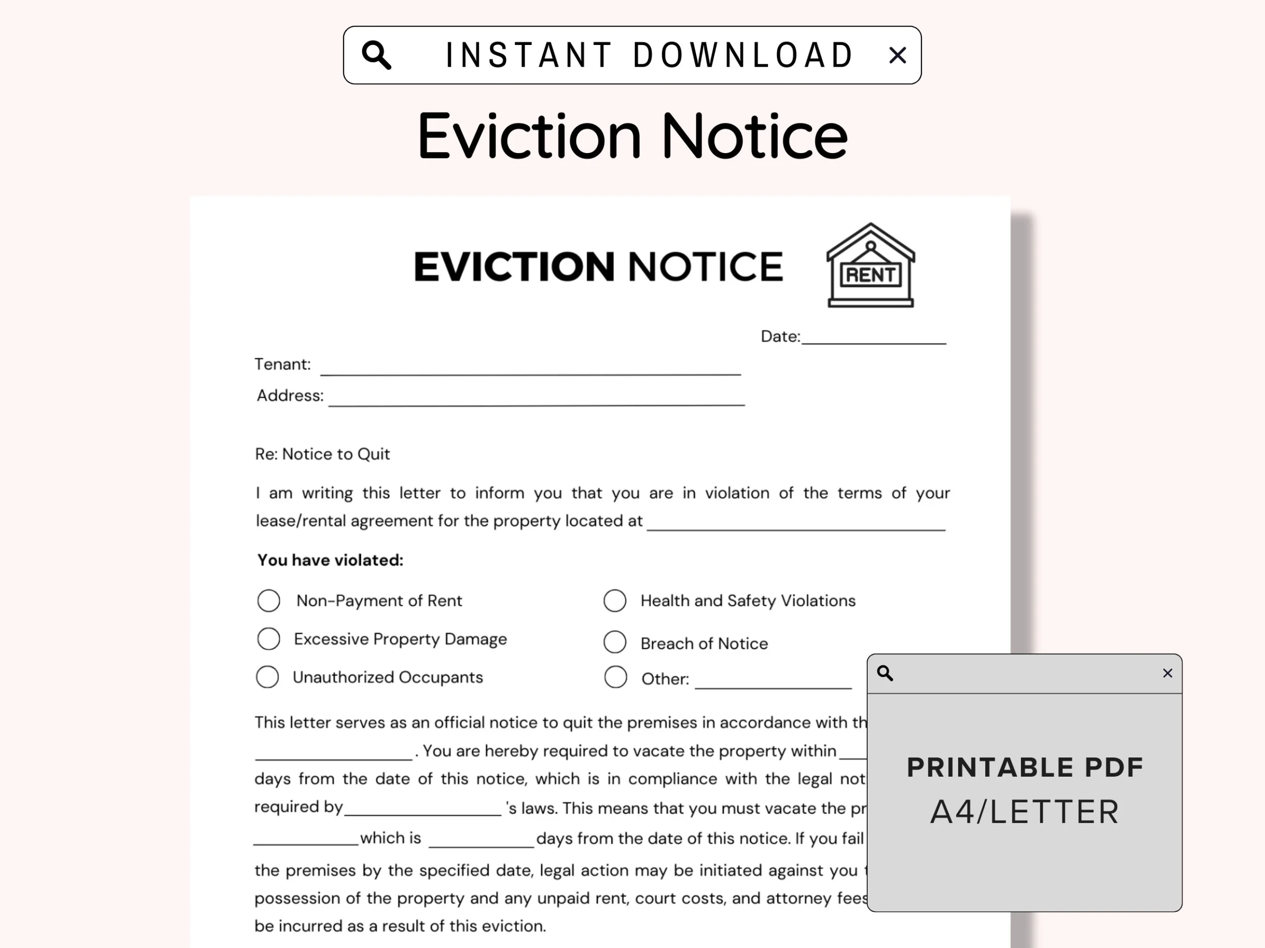 Eviction Notice Printable Lease Termination Form Editable Notice To Vacate Template Landlord Rental Contract Landlord Template PDF Etsy