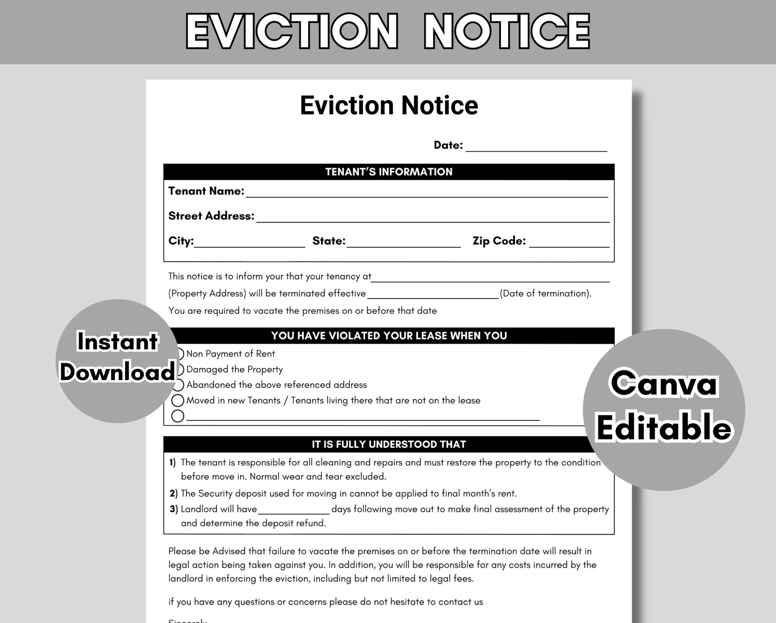 Eviction Notice Printable Notice To Vacate Template Lease Termination Form Editable Landlord Rental Contract PDF Download Etsy