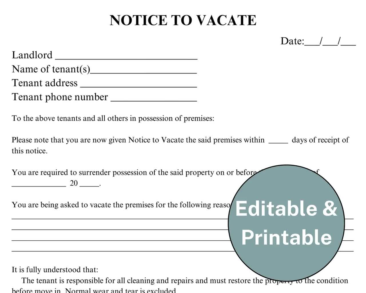 Eviction Notice Template For Tenant Notice To Vacate Form Eviction Notice Letter Eviction Template For Landlord Lease Termination Document Etsy