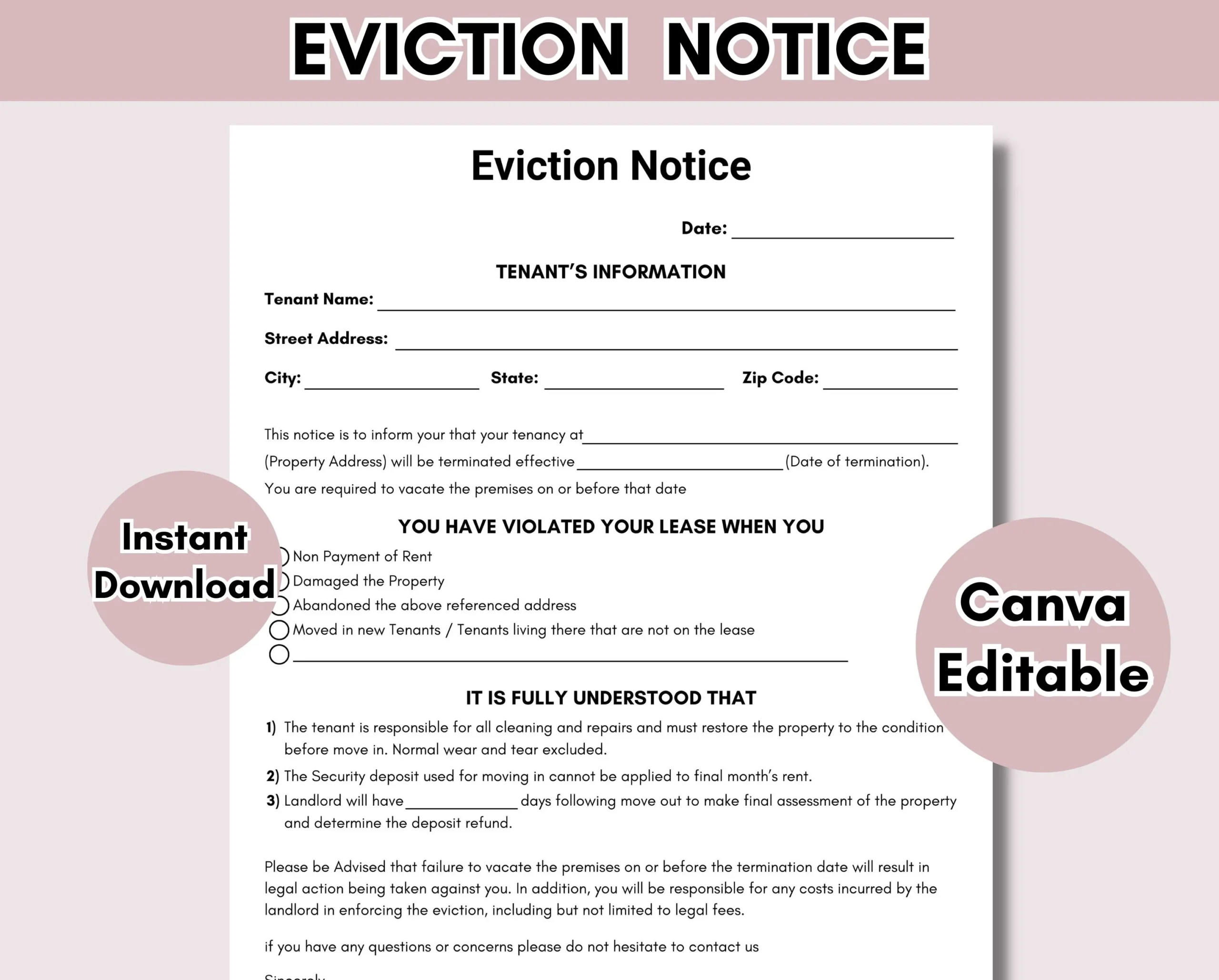 Eviction Notice Template Printable Notice To Vacate Template Lease Termination Form Editable Landlord Rental Contract PDF Download Etsy
