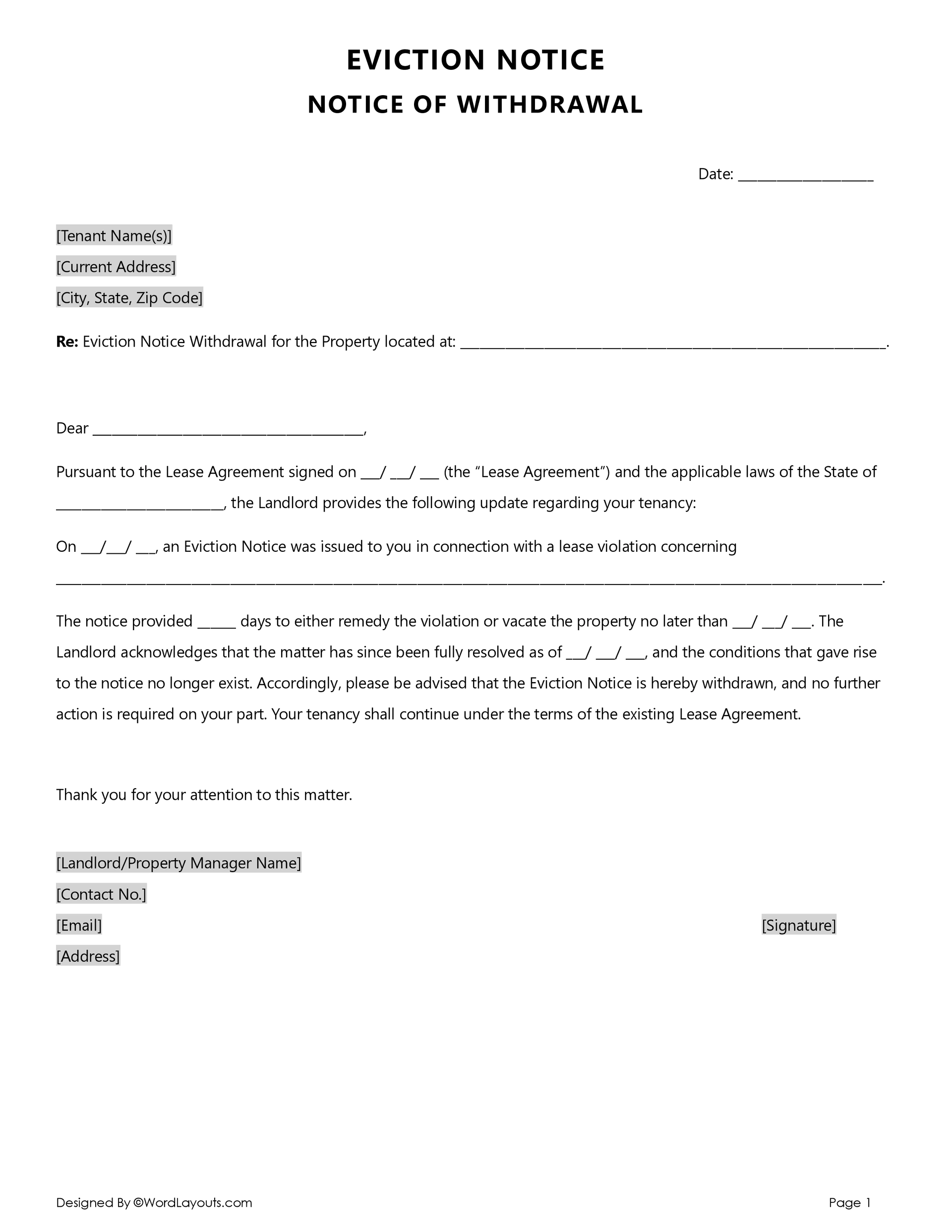 Eviction Notice Withdrawal Template