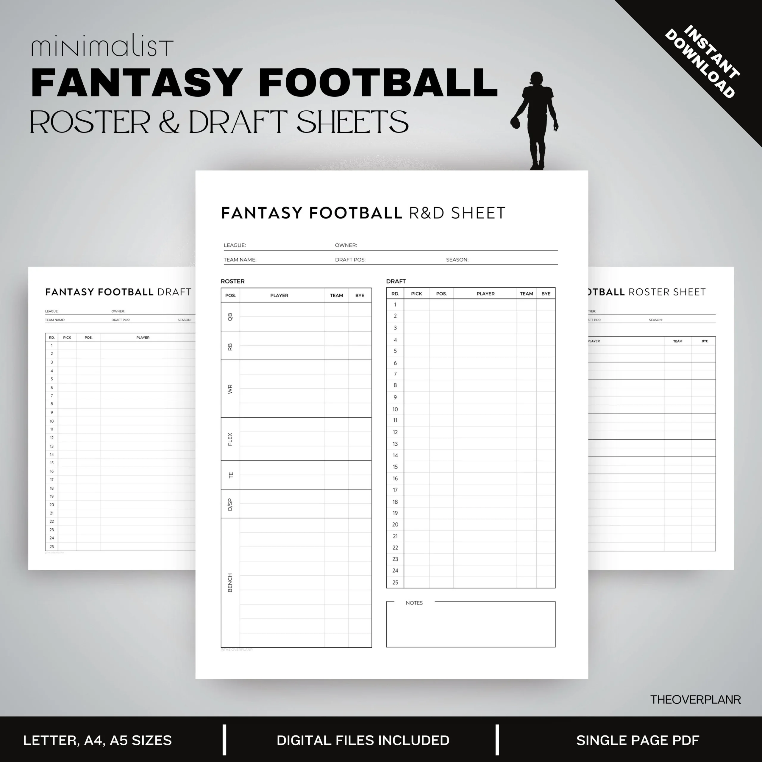 Fantasy Football Draft Kit Printable Roster Cheat Sheet digital Download US Letter a4 a5 ipad Template Etsy Israel
