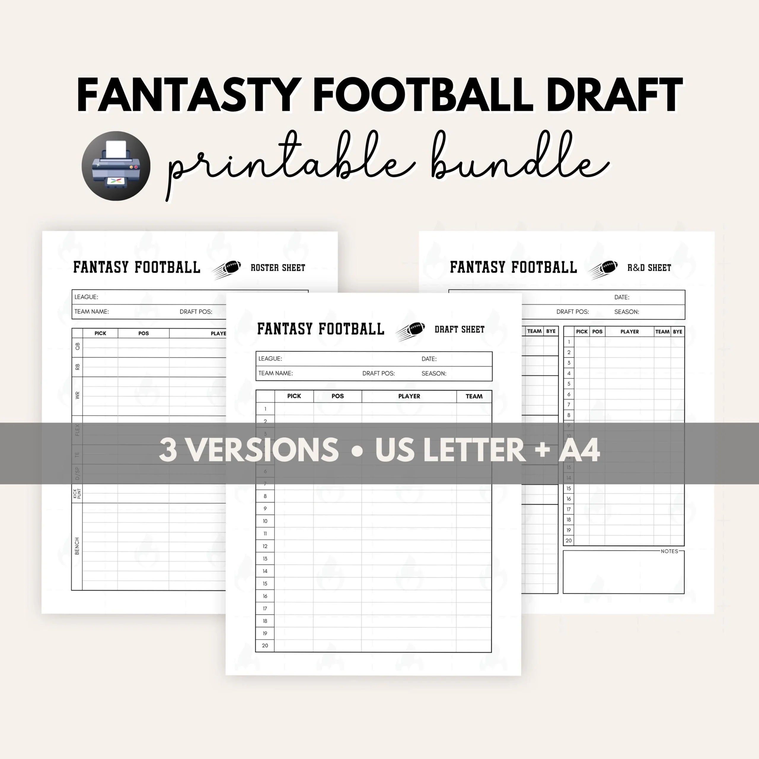 Fantasy Football Draft Sheet Fantasy League Draft Kit Printable Minimalist Draft Sheets For League Commissioners Football Team Roster Etsy