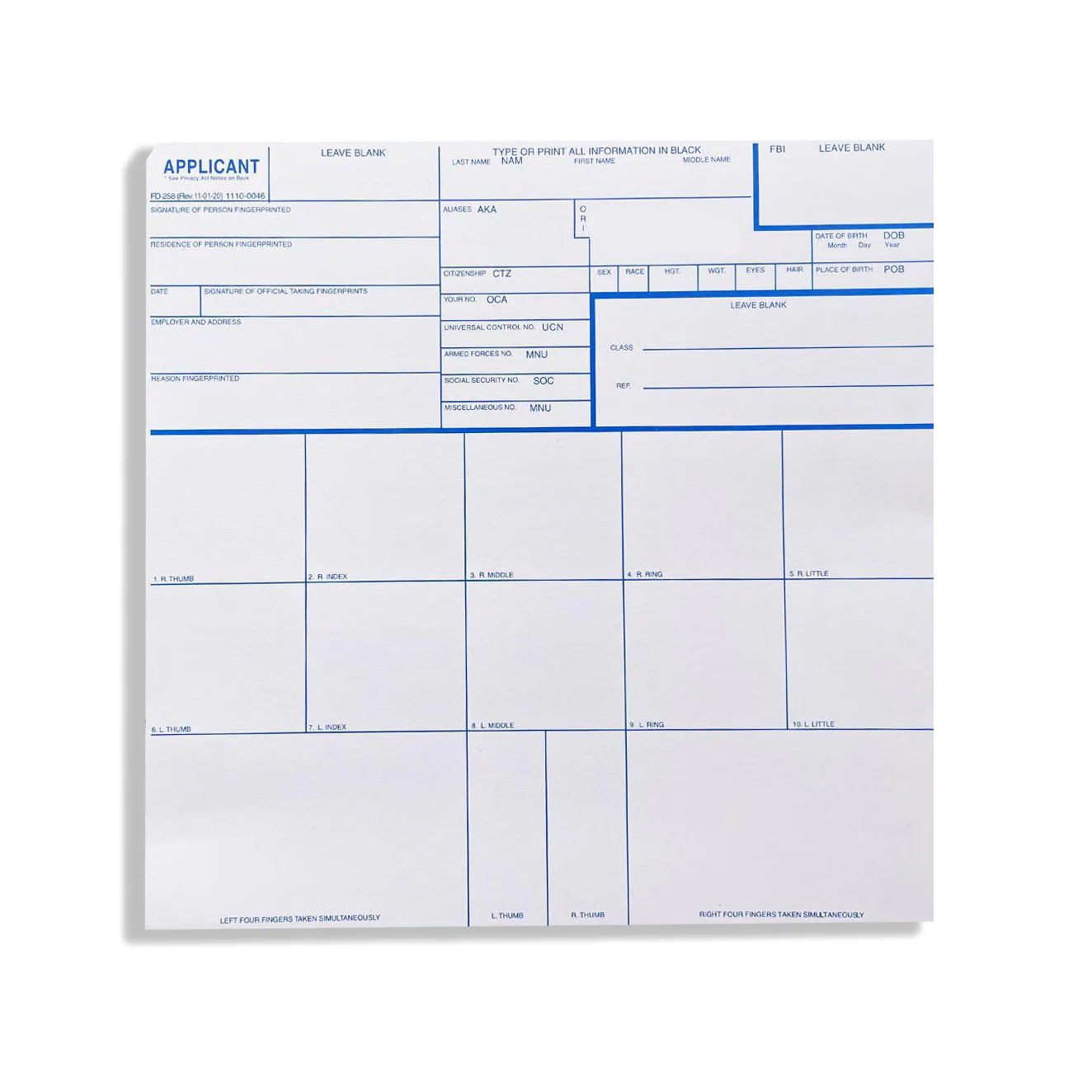 Fingerprint Cards FBI Form FD 258 100 Pack National Gun Trusts