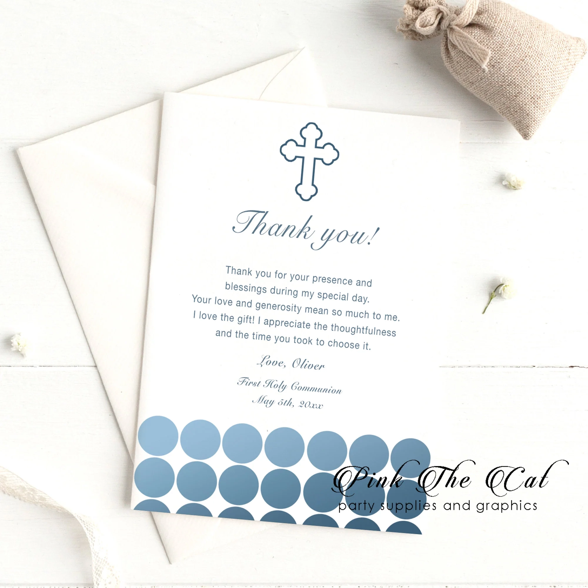 First Holy Communion Thank You Card Blue Dots Boy Printable Pink The Cat